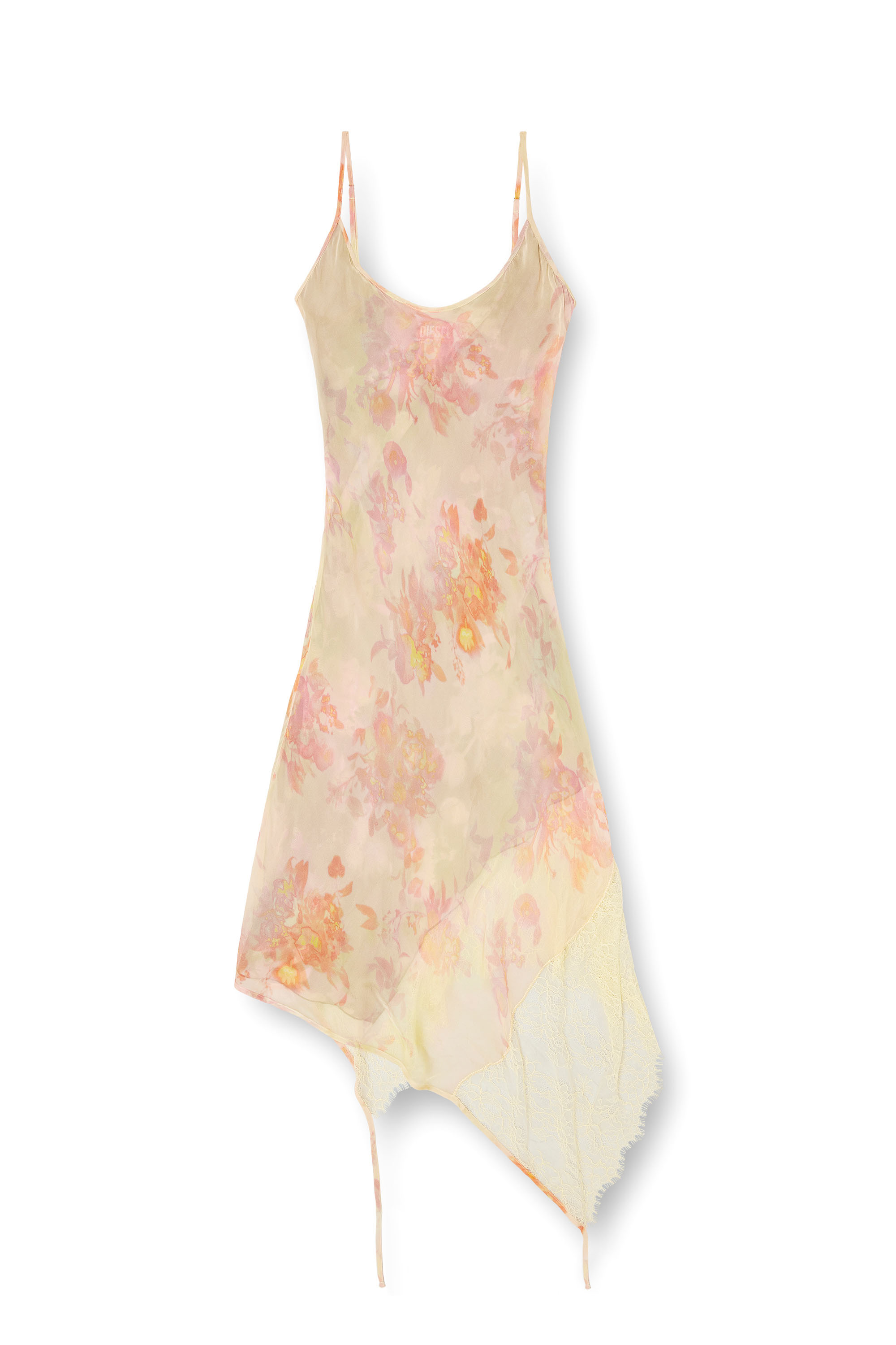 Diesel - D-ANCEL, Woman's Midi slip dress with floral print and lace trim in Pink/Yellow - 1