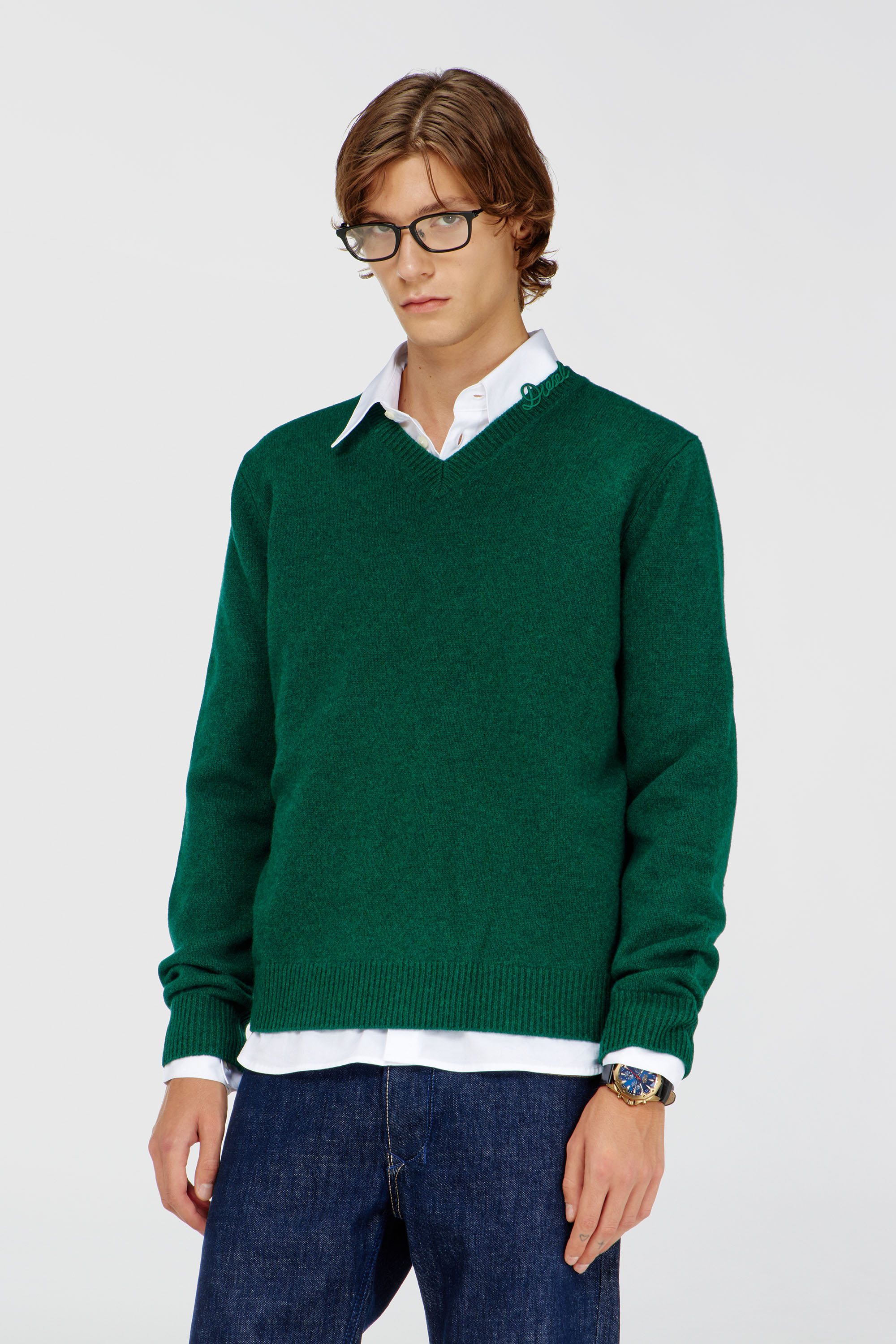 Diesel - K-IMER, Man's Wool V-neck jumper with neck logo in Green - 3
