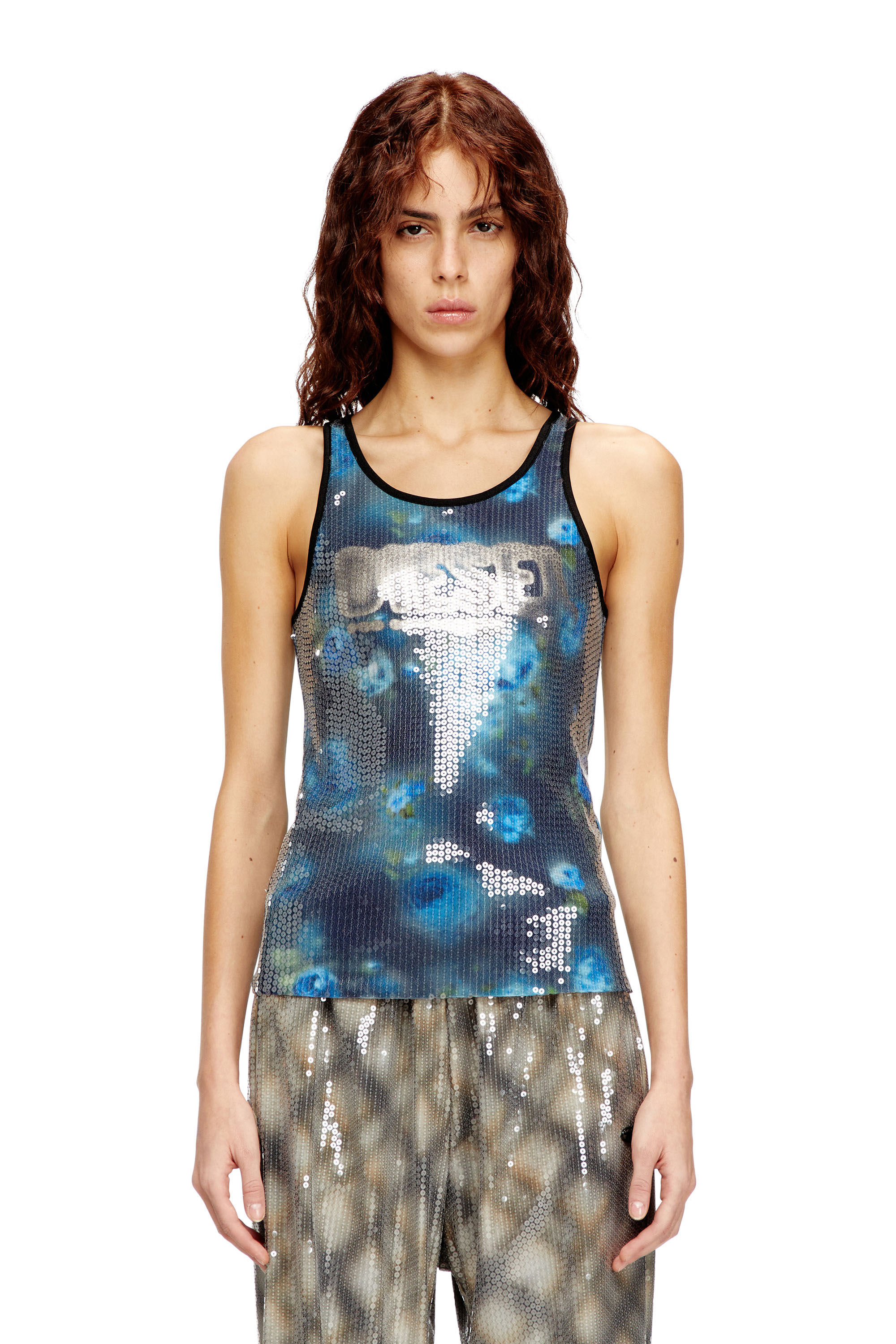 Diesel - T-UNKY, Woman's Floral print jersey top with sequins in Blue - 1