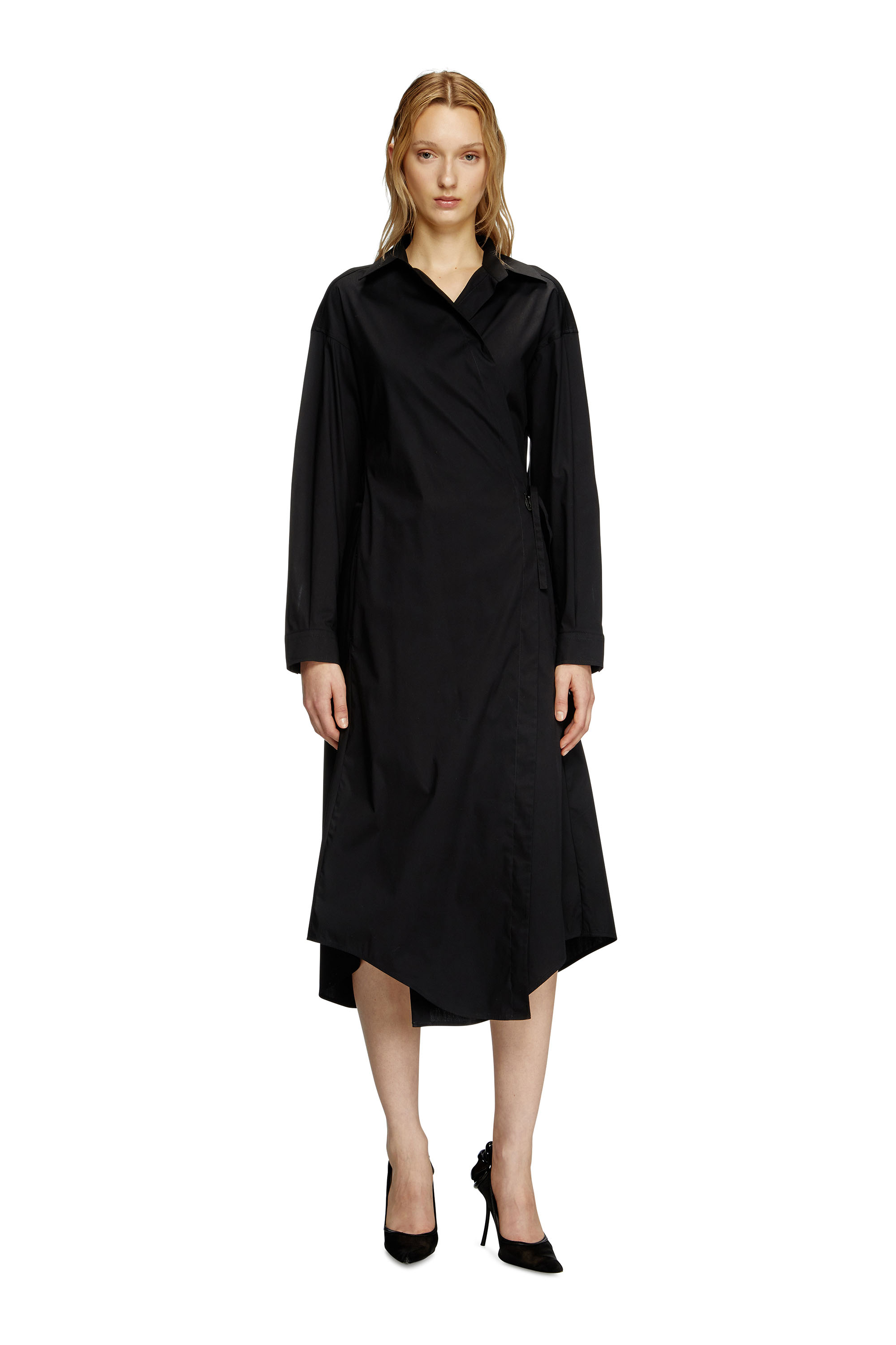 Diesel - D-ELPHI-LONG, Woman's Wrap shirt dress in cotton-blend poplin in Black - 2