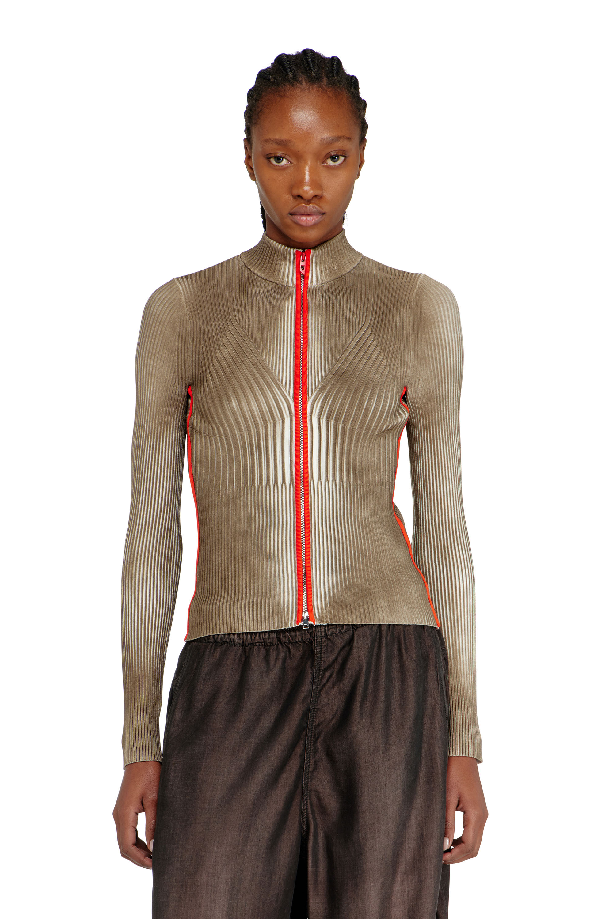 Diesel - M-SARMA, Woman's Ribbed zip cardigan with contrast bands in Red/Brown - 1