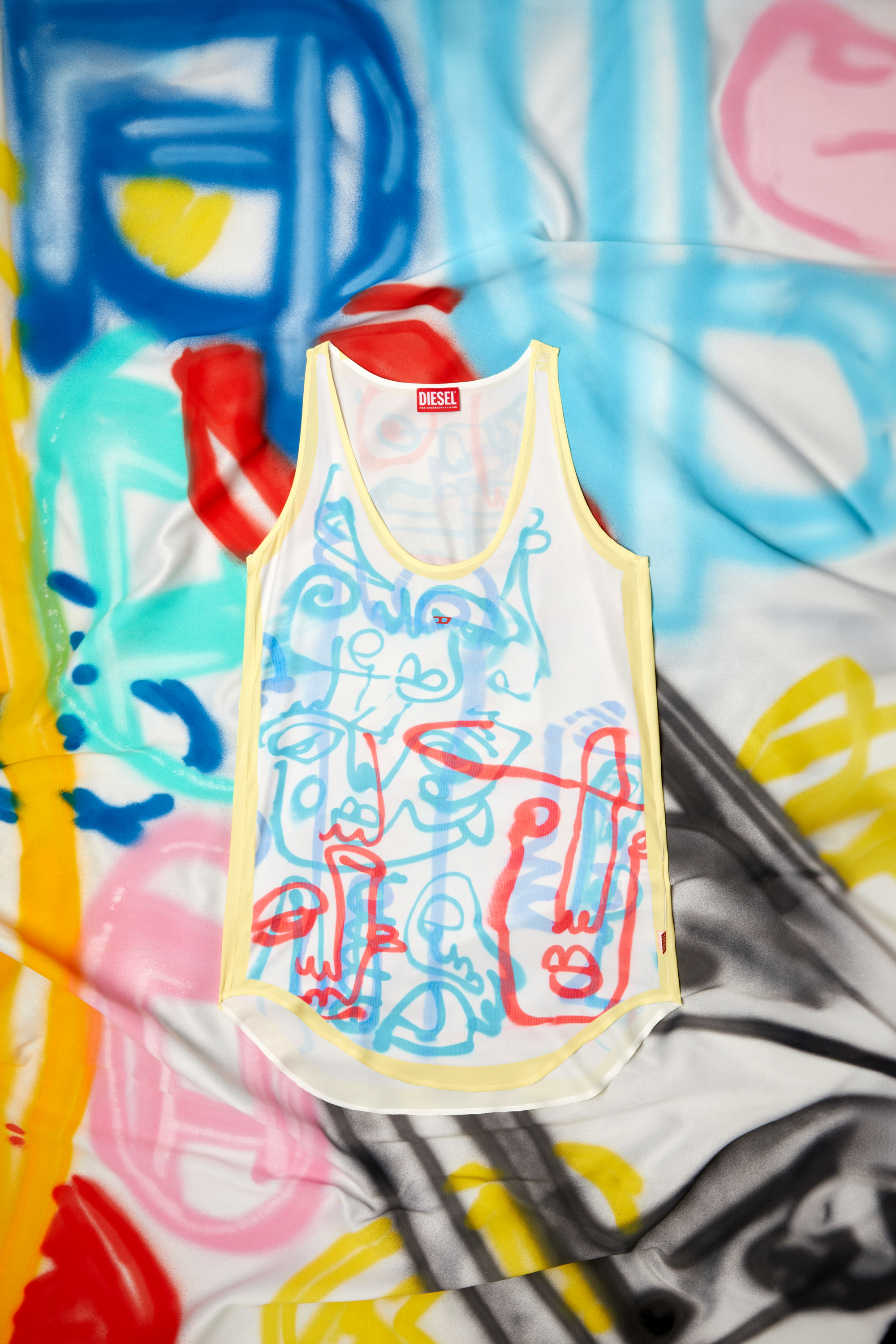 Diesel - D-LINZ-GRAFFITI-AFR, Woman's Satin tank top with graffiti print in White/Yellow - 2