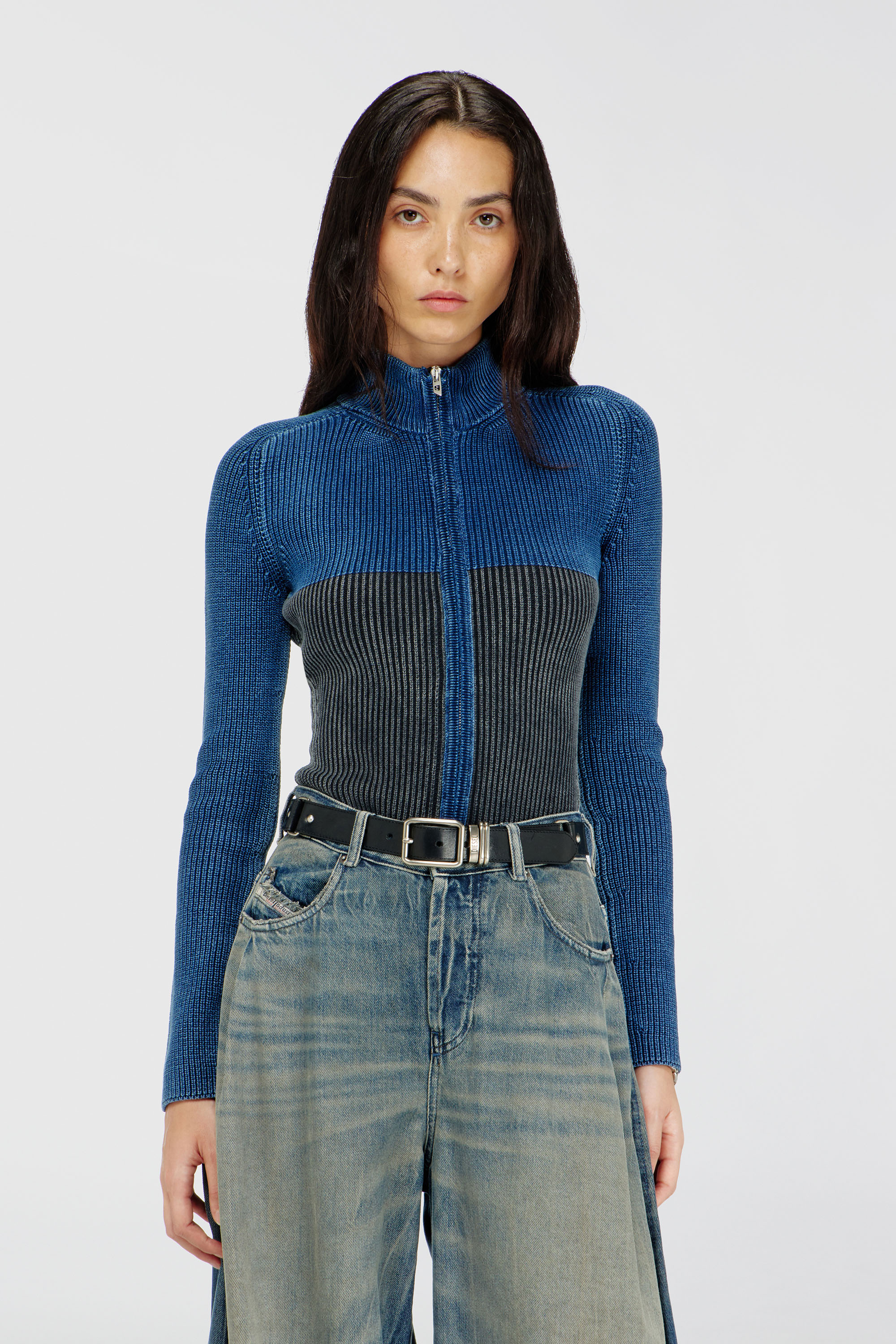 Diesel - M-HERMOSITA, Woman's Zip-up cardigan with two-tone denim effect in Black/Blue - 3