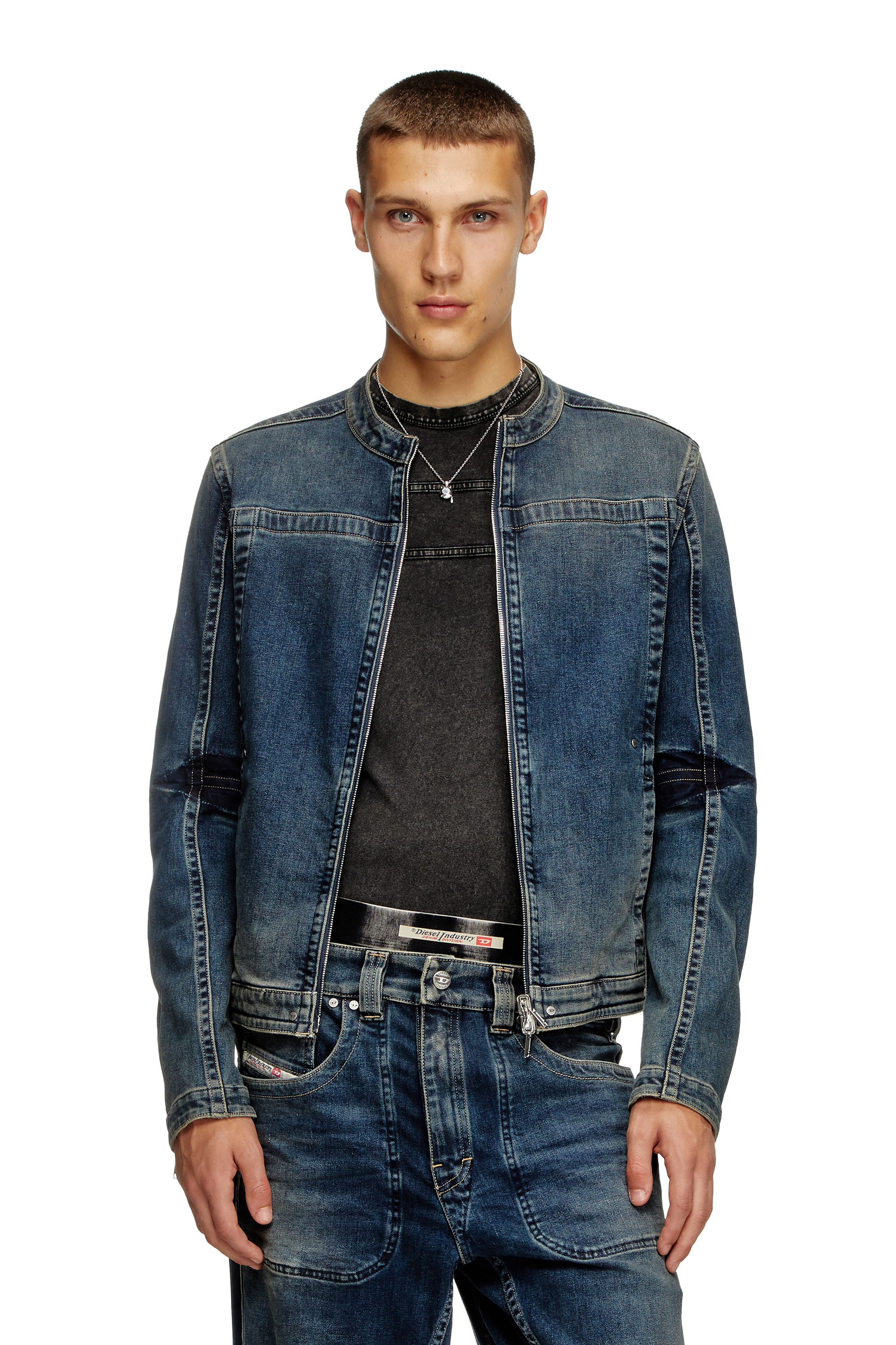 Diesel - D-GLORY-RE, Man's Moto jacket in Rehab denim in Dark Blue - 3