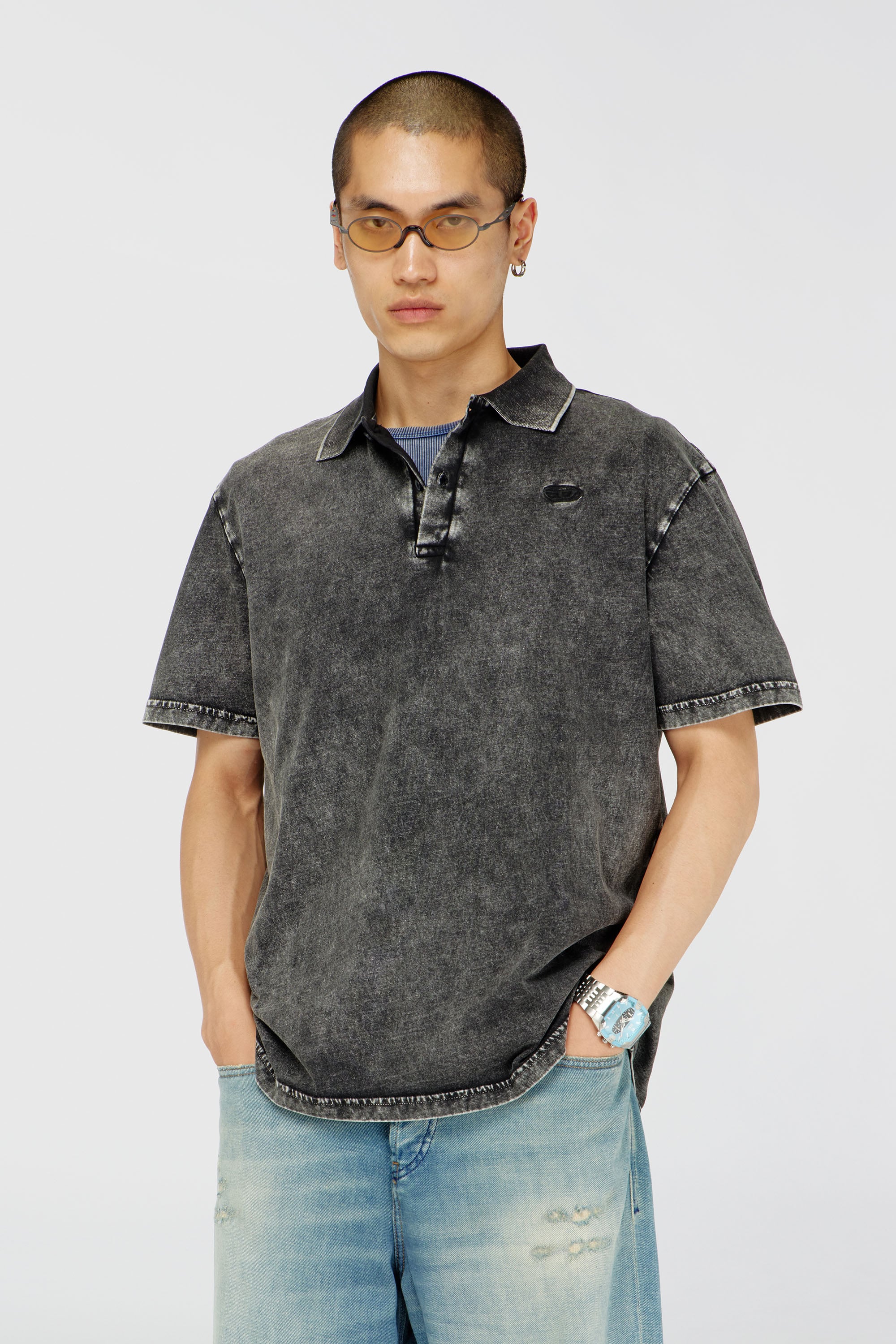 Diesel - T-REJUST-NC-DEN, Man's Polo shirt in denim-effect jersey in Dark grey - 3