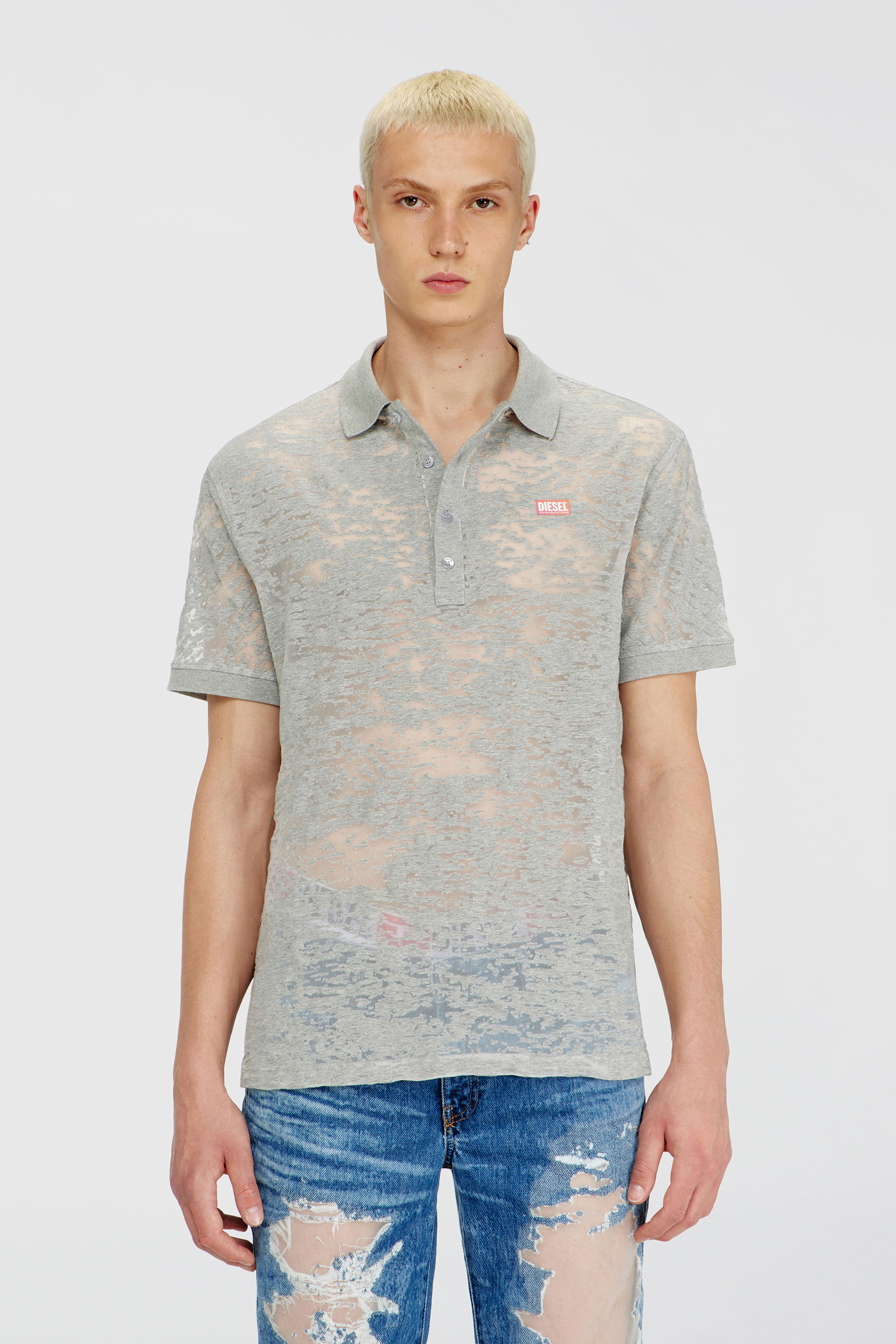 Diesel - PR-T-REJUST, Man's Polo shirt in all-over devor&eacute; jersey in Light Grey - 1