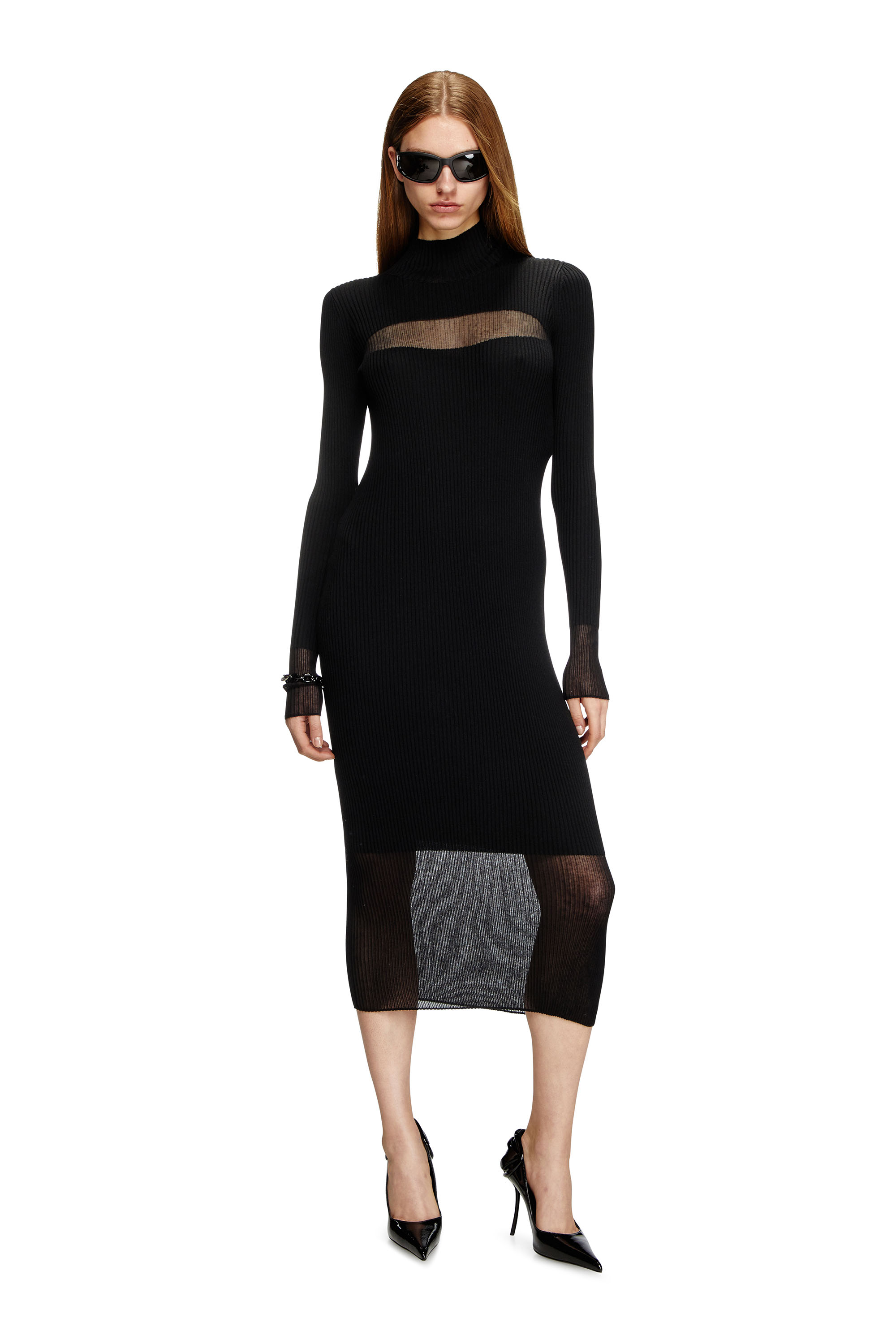 Diesel - M-SLINT, Woman's Rib-knit midi dress with sheer panels in Black - 1