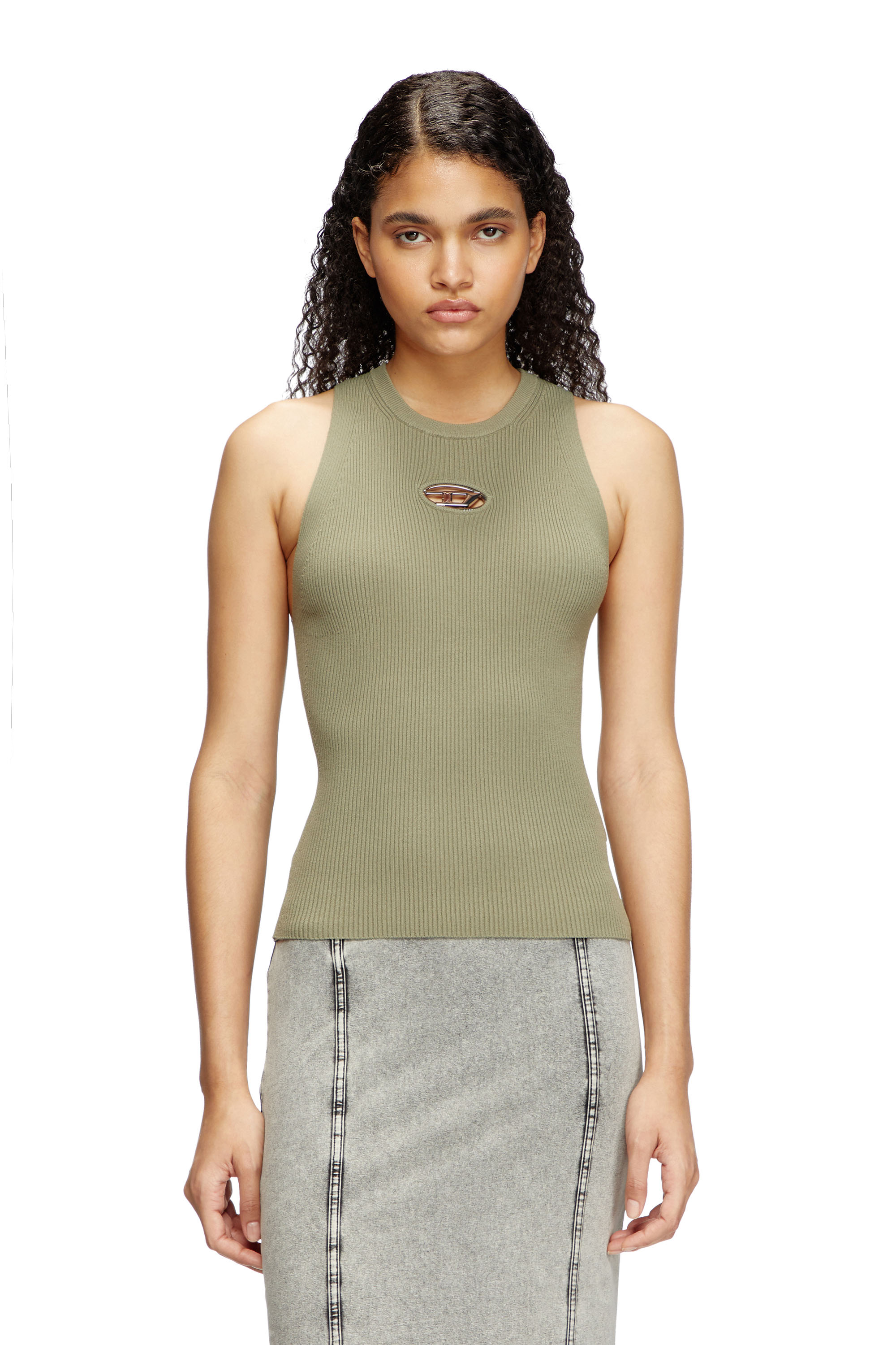 Diesel - M-CADDIX-TOP, Woman's Rib-knit top with small logo plaque in Olive Green - 1