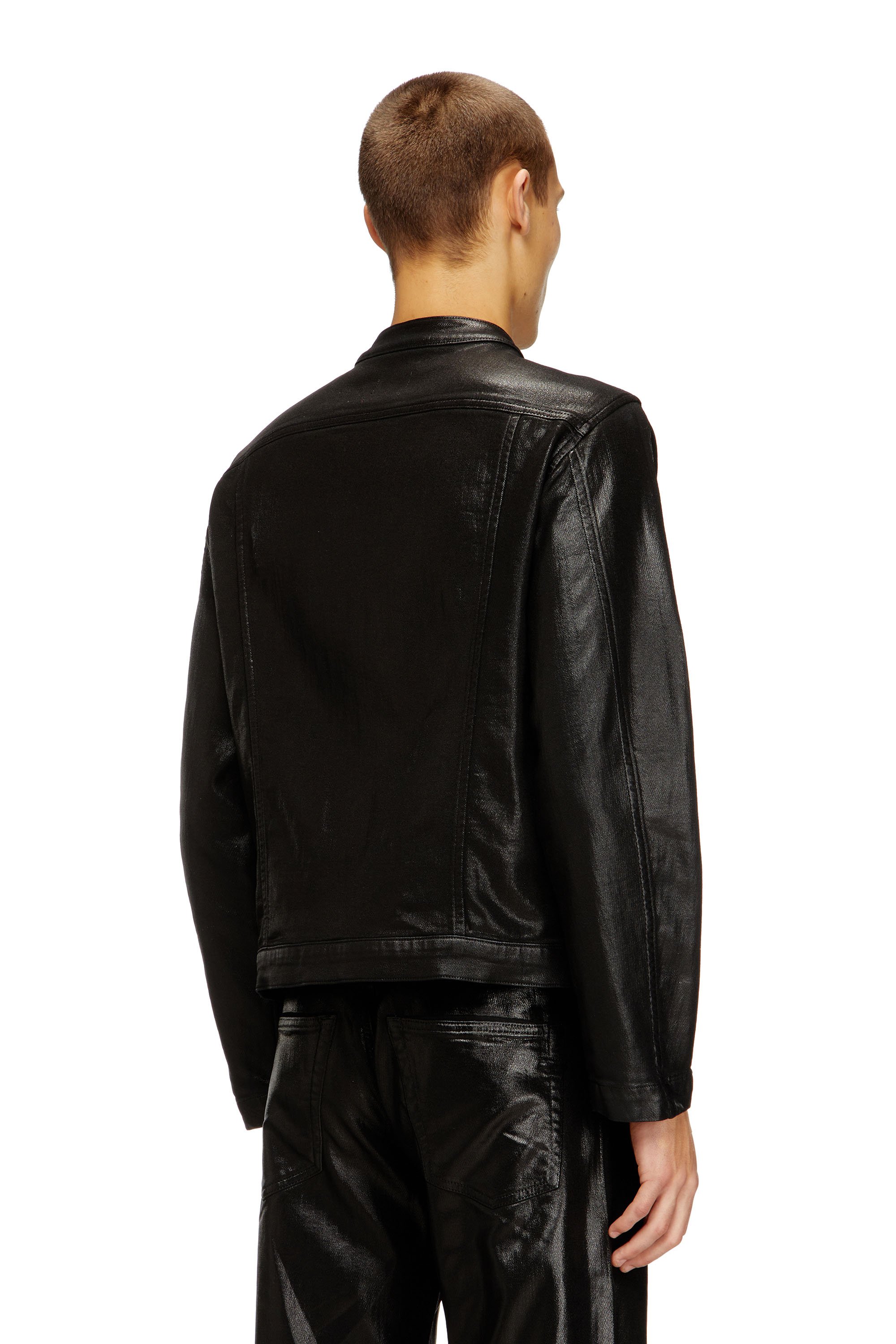 Diesel - D-GLORY JOGG, Man's Moto jacket in shiny coated JoggJeans in Black - 4