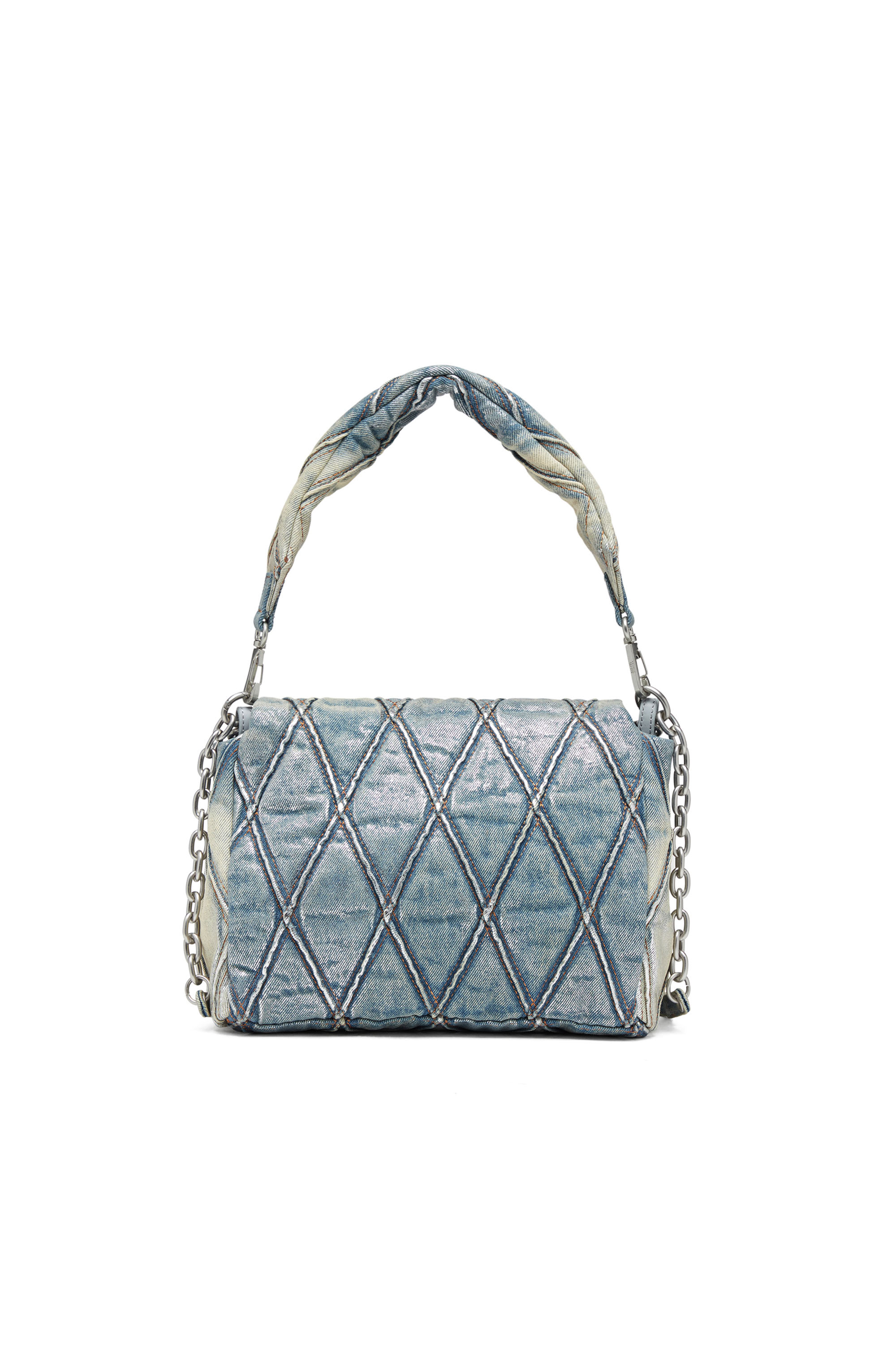 Diesel - CHARM-D SHOULDER M, Woman's Charm-D M-Shoulder bag in metallic quilted denim in Light Blue - 2