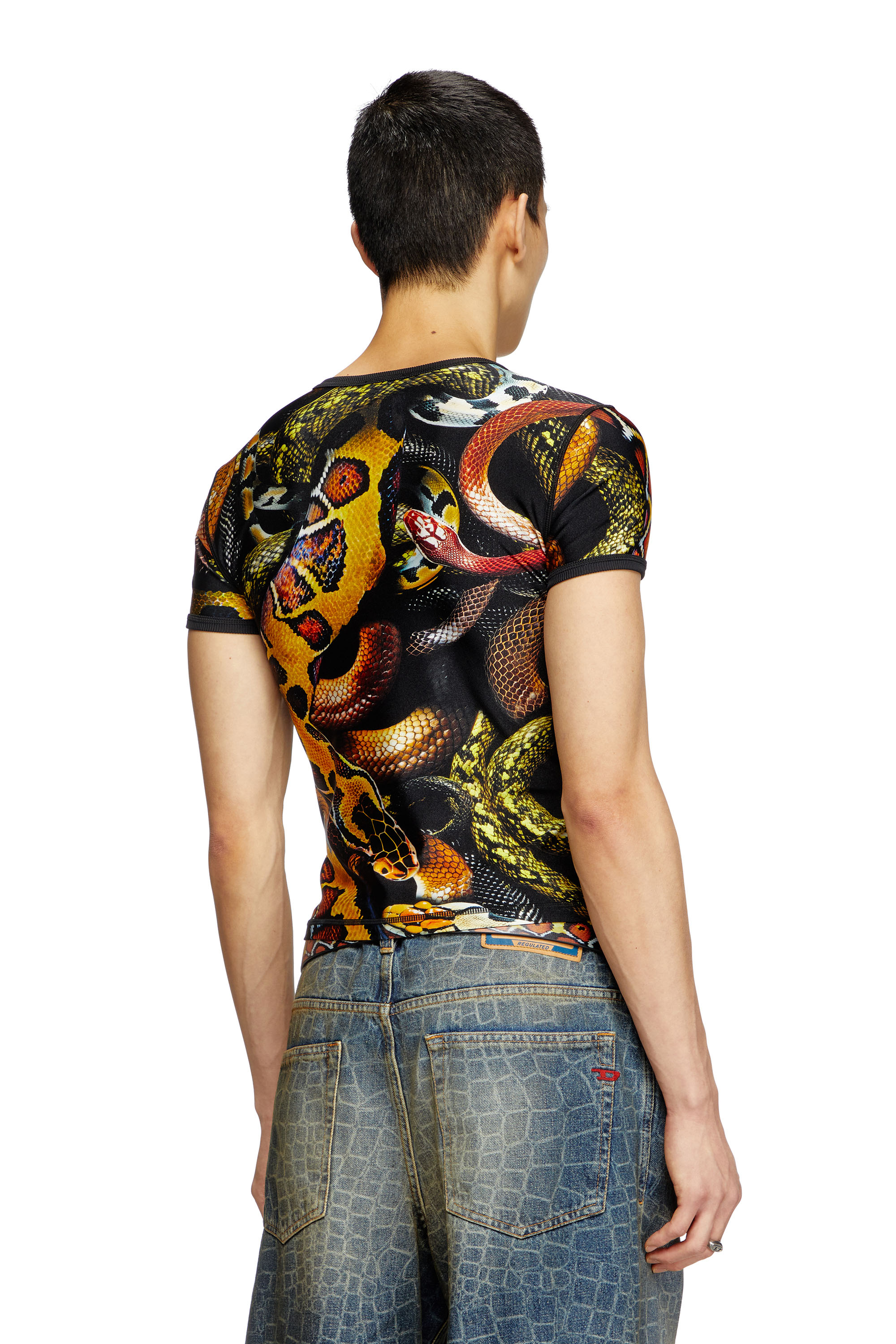 Diesel - CL-T-UNCLE-SNAKE, Unisex's Lycra T-shirt with all-over snake print in Black/Yellow - 4