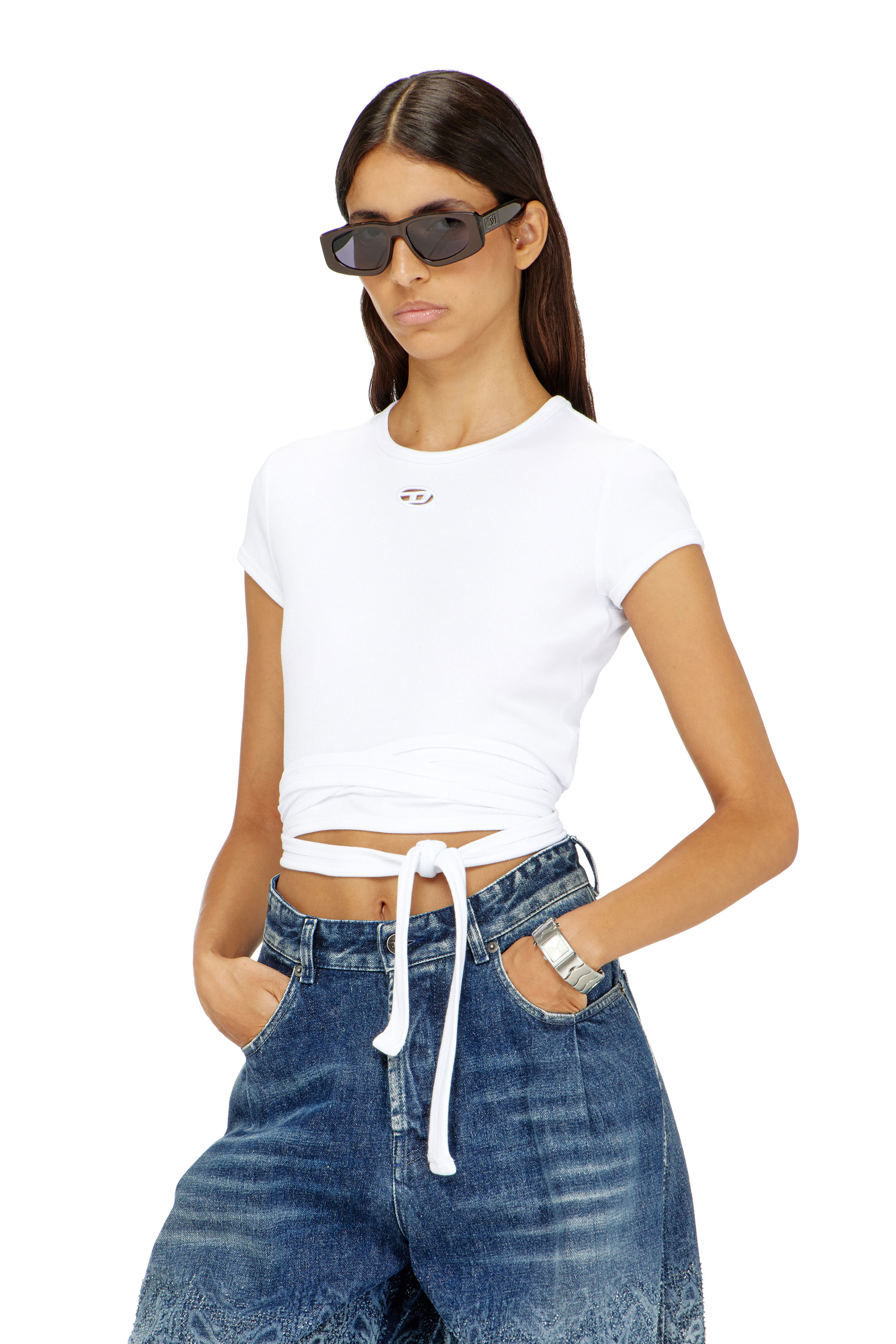 Diesel - T-BUNNY-TAIL-S1, Woman's Ribbed t-shirt with wrap-around laces in White - 1