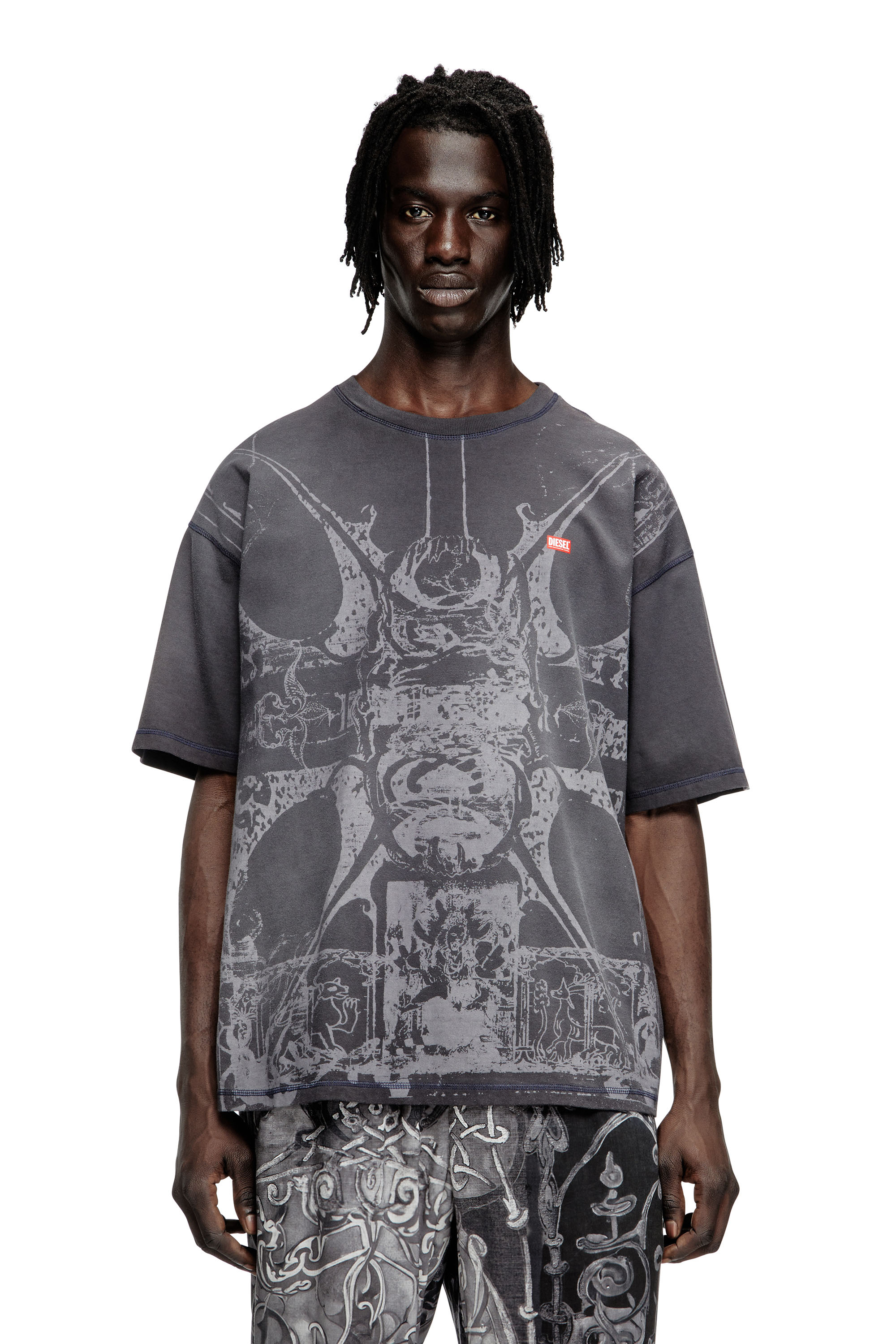 Diesel - T-BOXT-T13, Man's T-shirt with tonal medieval print in Black - 1