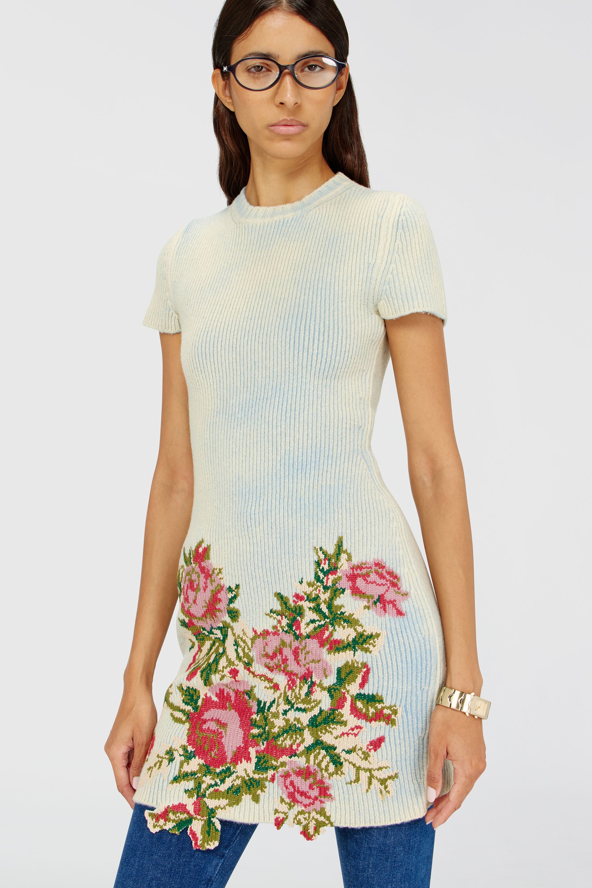 Diesel - M-RINNIE, Woman's Short dress in floral wool-blend knit in Pink/Blue - 5