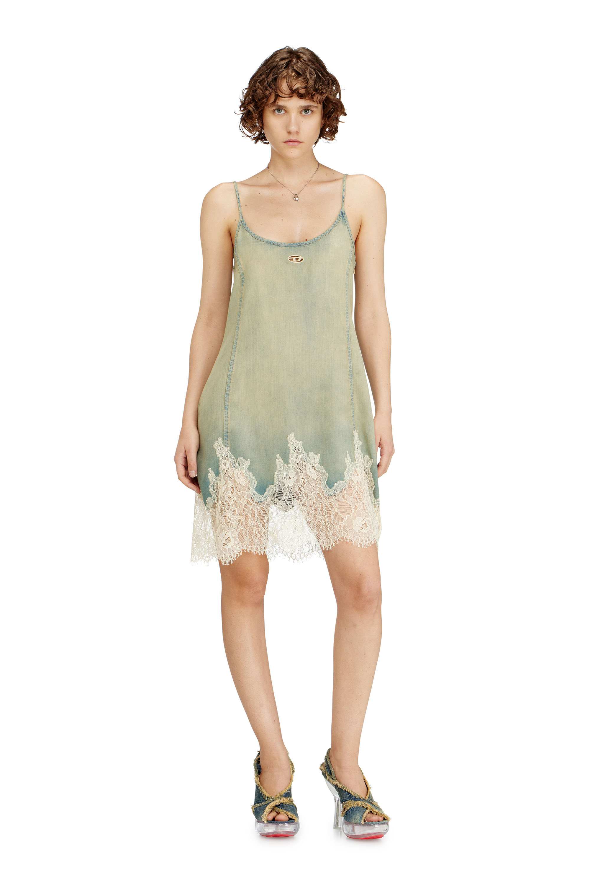 Diesel - DE-ODRY-S, Woman's Mini dress in lace denim in Blue/White - 2