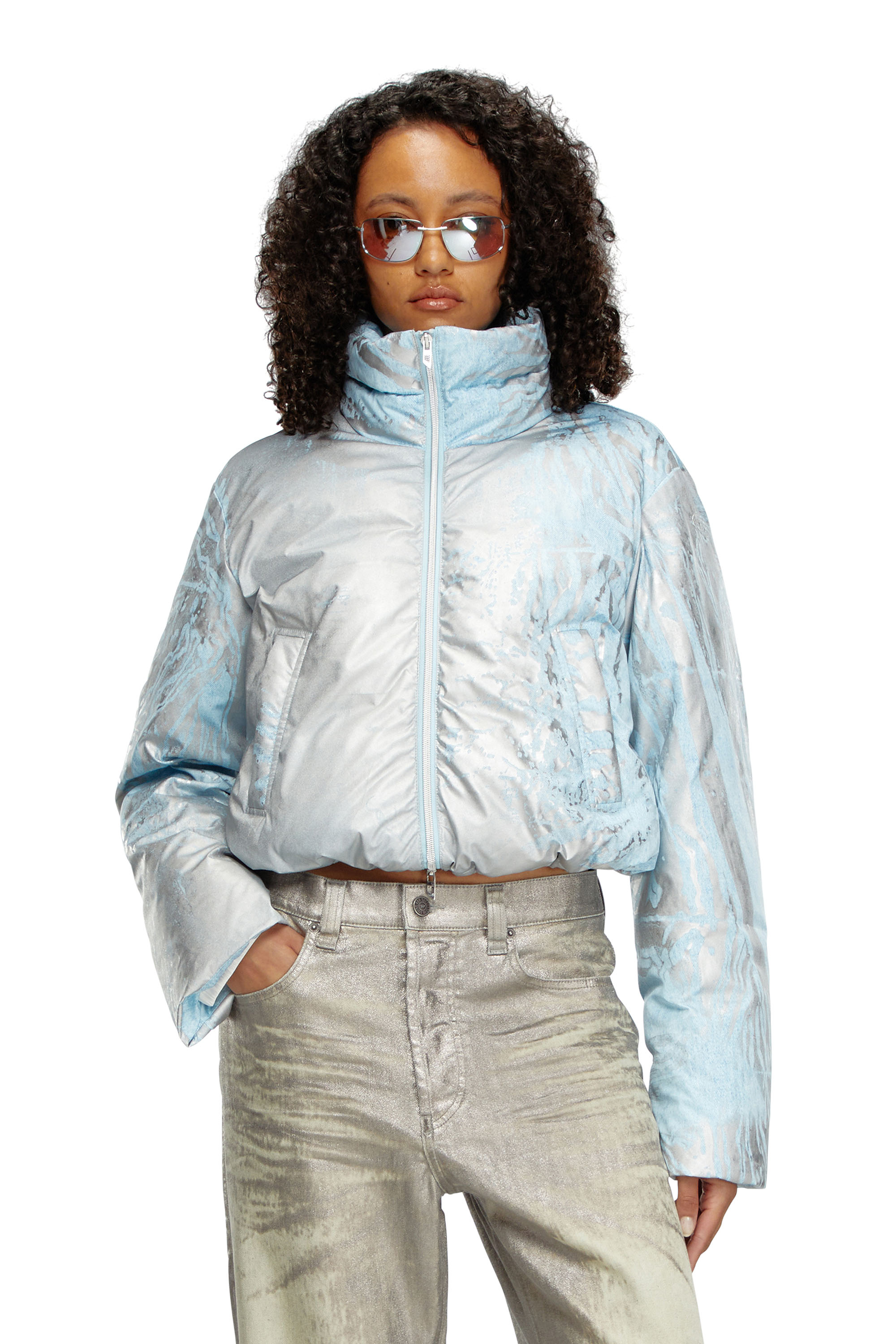 Diesel - W-HIMSY, Woman's Cropped padded jacket with metallic effects in Silver/Blue - 1