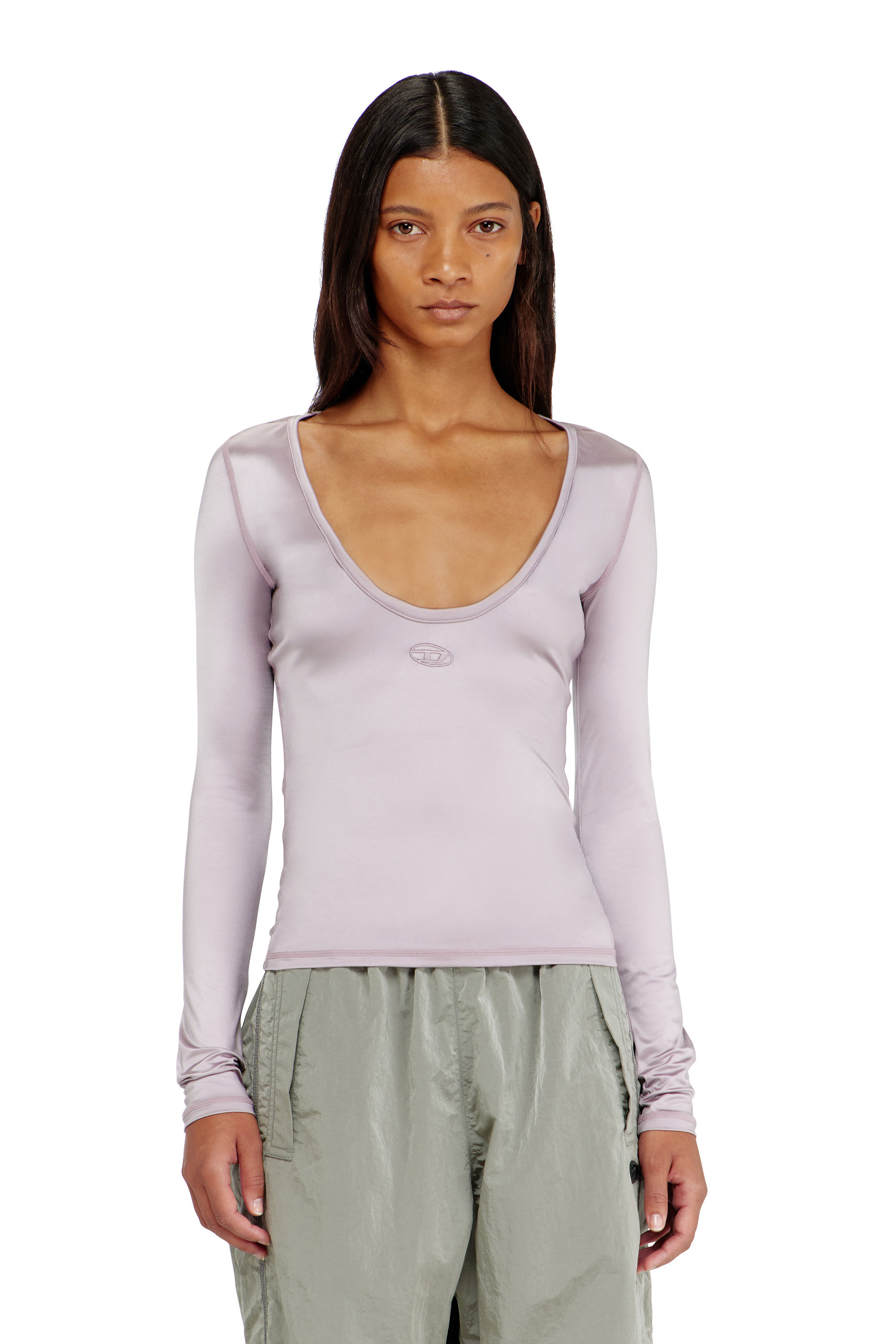 Diesel - T-ELPHIN-LS, Woman's Nylon slim top scoop neck with Logo Oval D embroidery in Lilac - 1