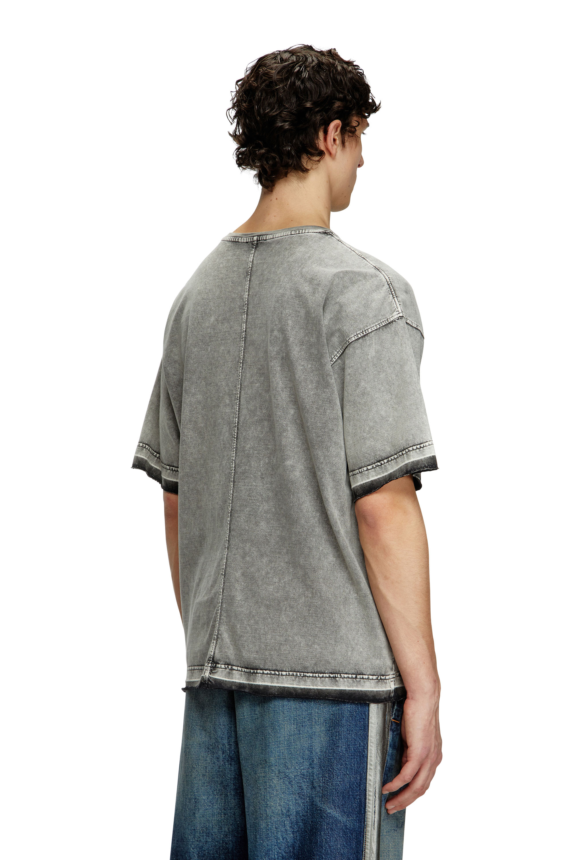 Diesel - T-HOXT, Man's Denim-look T-shirt with released hems in Light Grey - 4