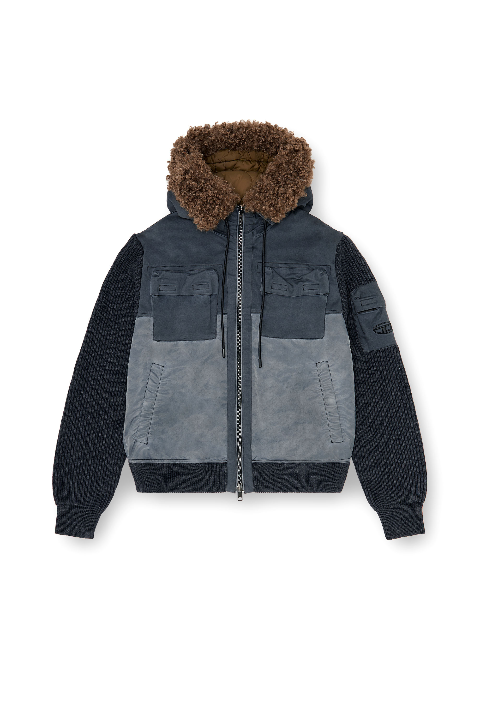 Diesel - W-DELLS, Man's Hooded padded jacket with knitted sleeves in Dark Blue - 2