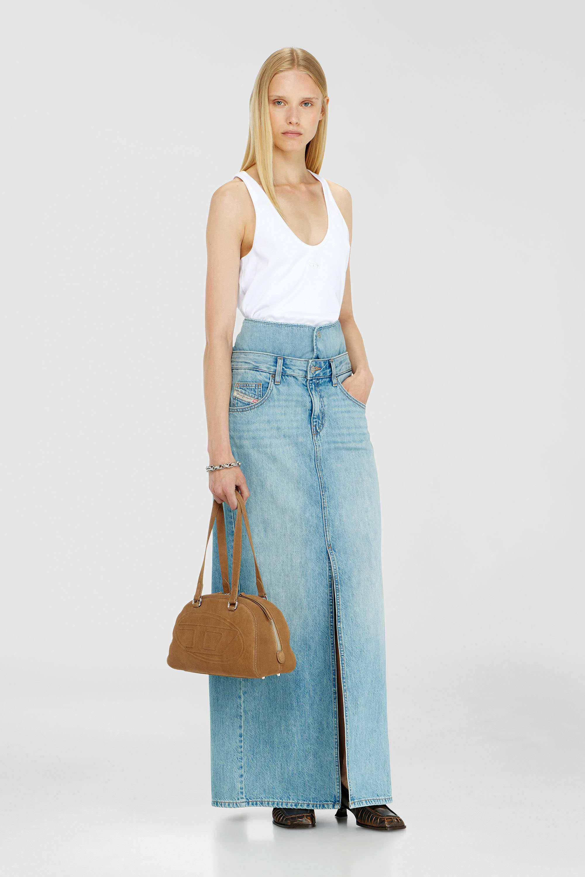Diesel - DE-SPIVEY, Woman's Jean-illusion denim maxi skirt with slits in Light Blue - 1