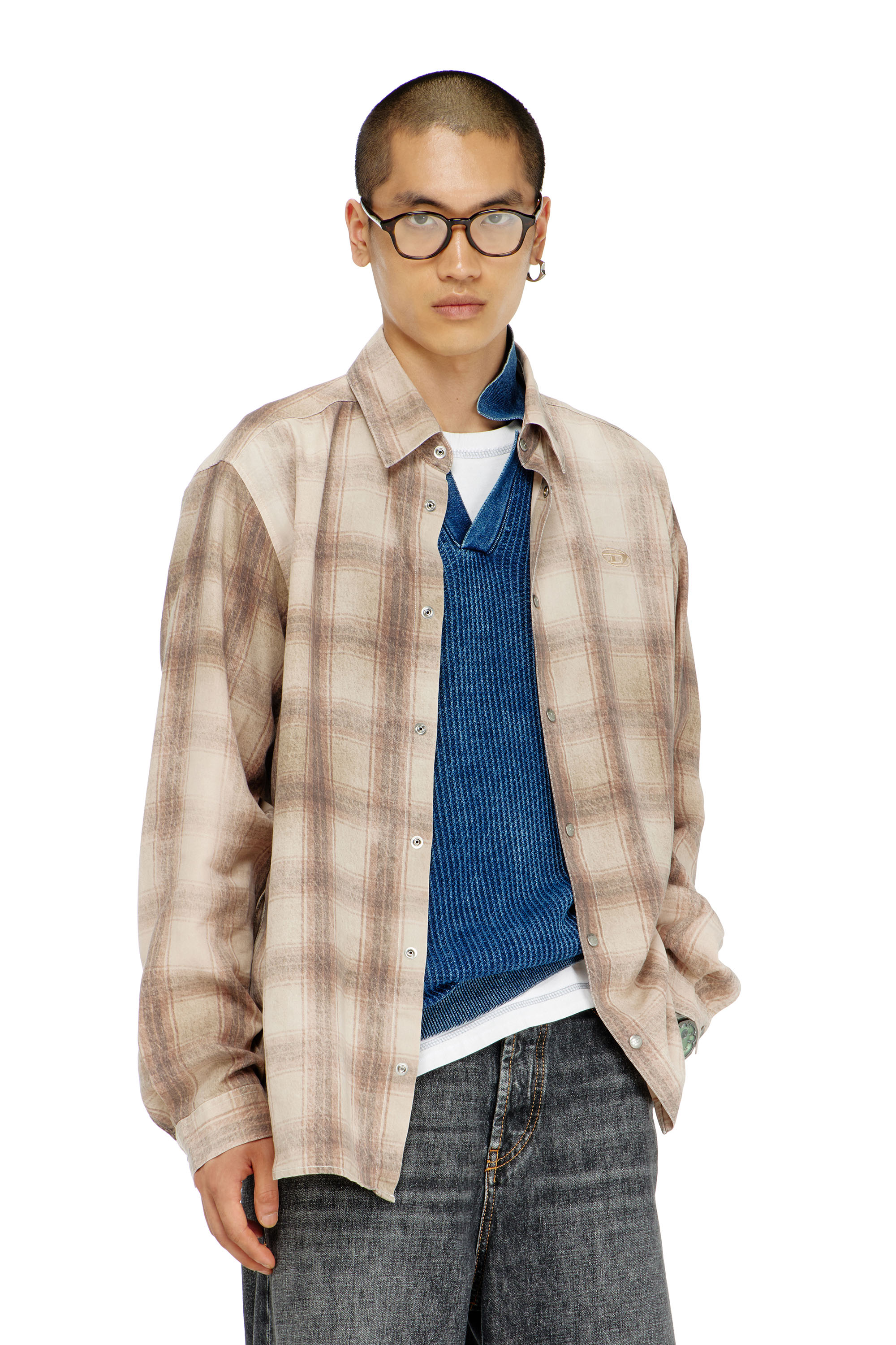 Diesel - S-SIMPLY-JMCM, Man's Check shirt in fluid fabric in Light Brown - 3