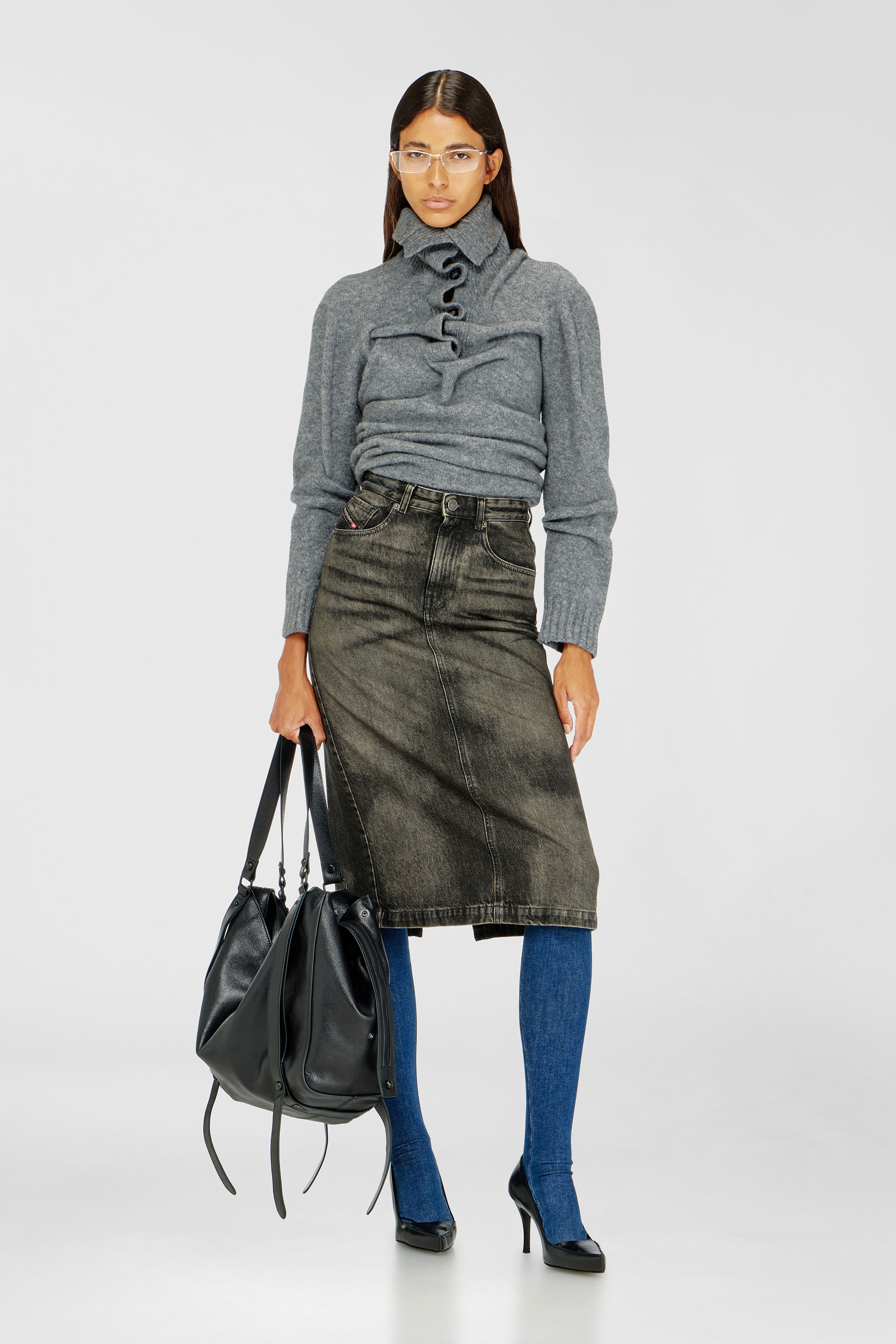 Diesel - DE-PENDY-FSJ, Woman's Pencil skirt in dirty-effect denim in Black/Dark grey - 1