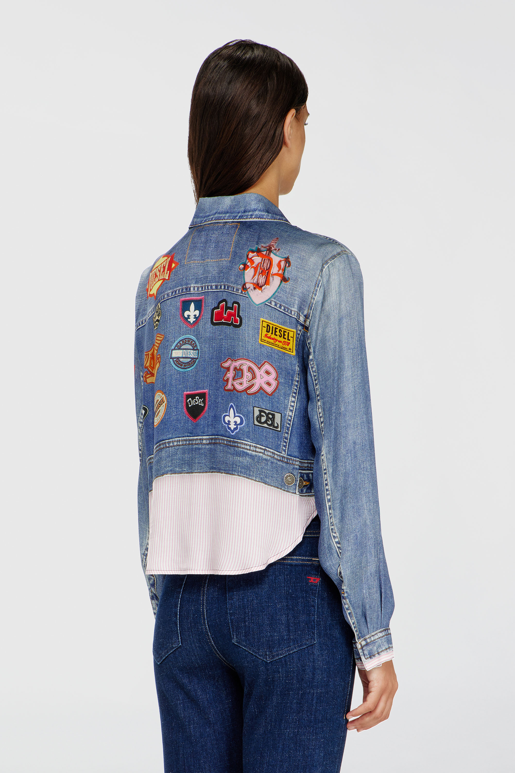 Diesel - C-LONE, Woman's Cropped satin shirt with trompe-l&rsquo;oeil denim print in Medium blue - 4