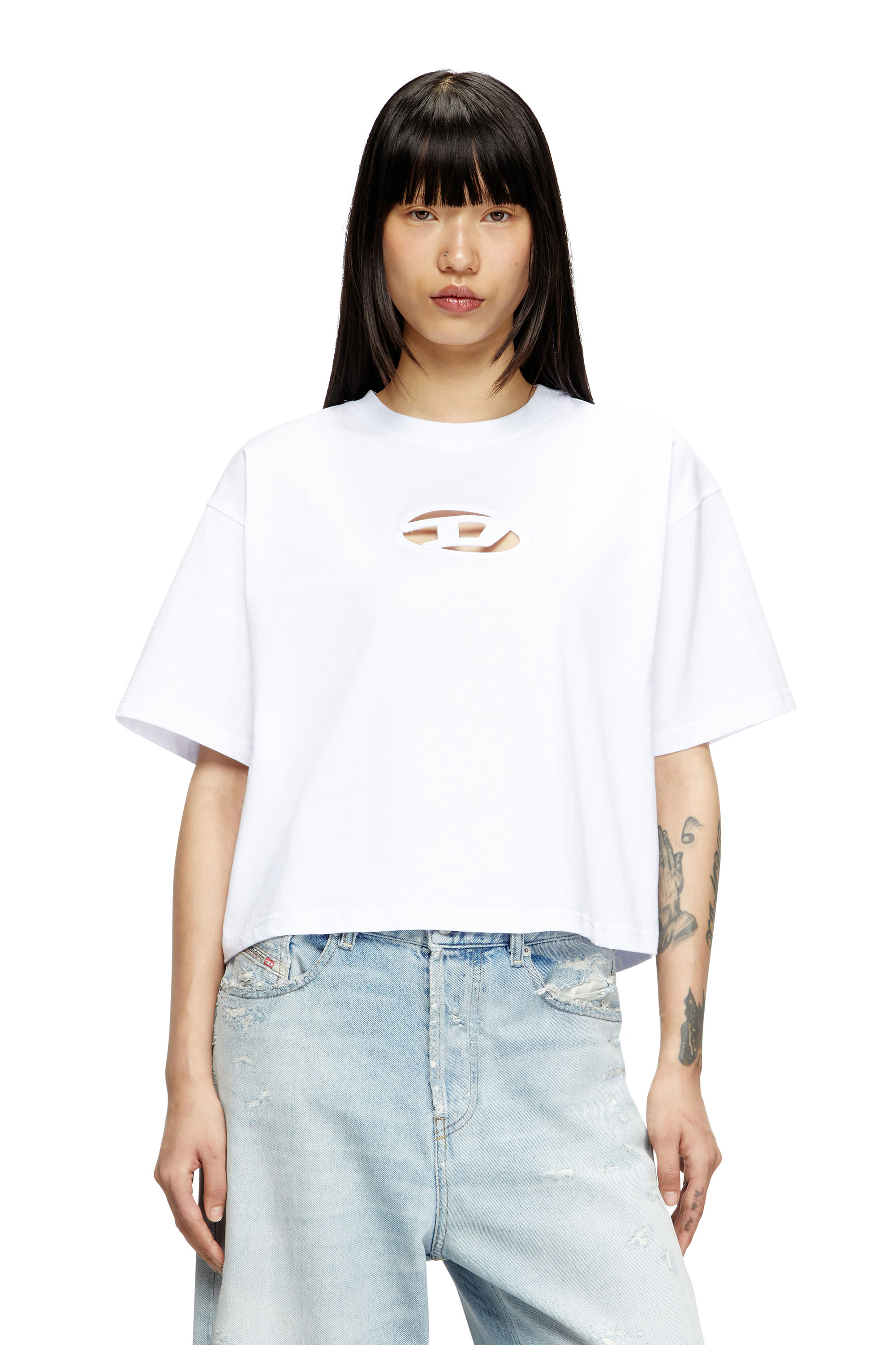 Diesel - T-BUXT-CROP-OD, Woman's Boxy T-shirt with cut-out Oval D logo in White - 1