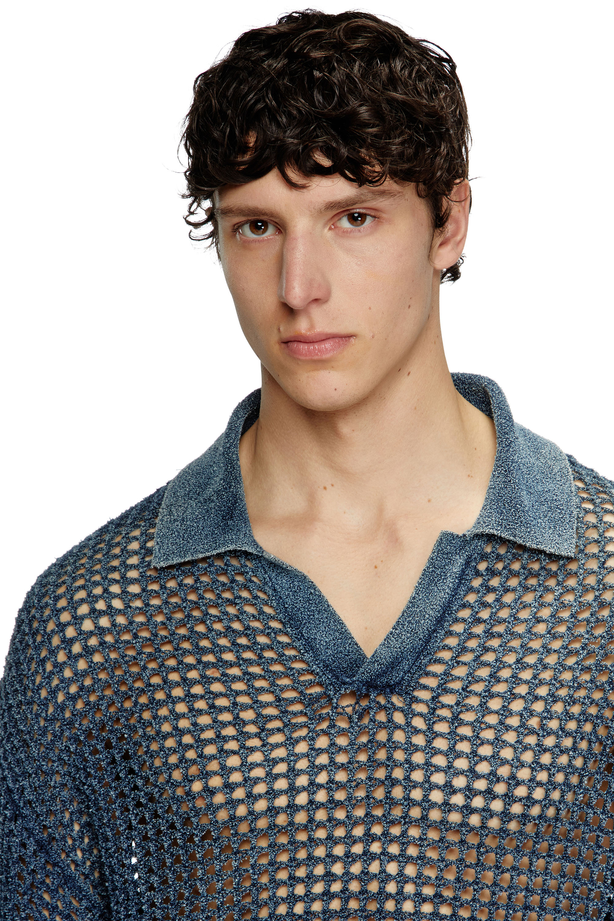 Diesel - K-SQUARED, Man's Open-knit polo jumper in denim yarn in Blue - 5