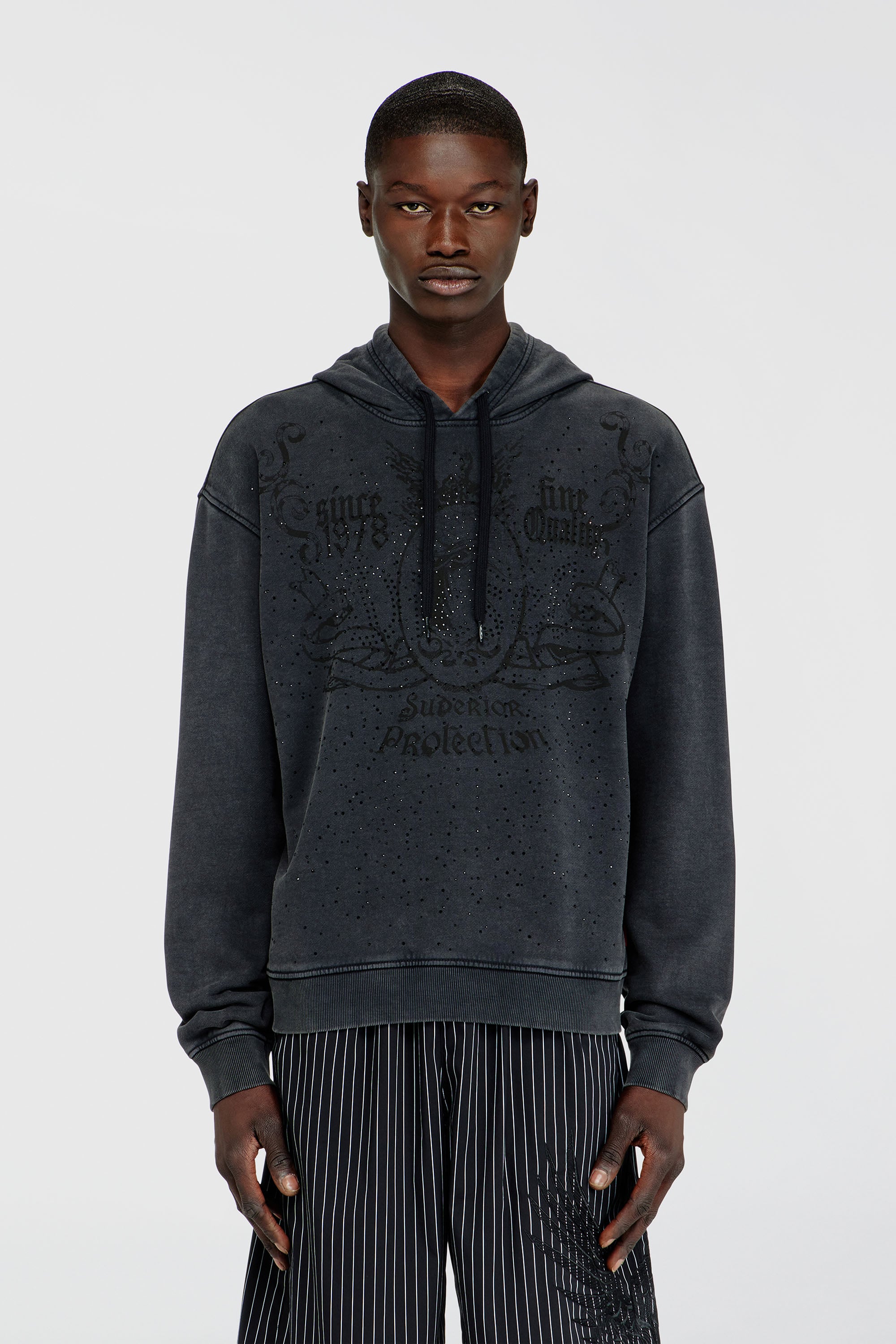 Diesel - S-NORM-HOOD-AA3, Man's Printed hoodie with rhinestone studs in Dark grey - 1