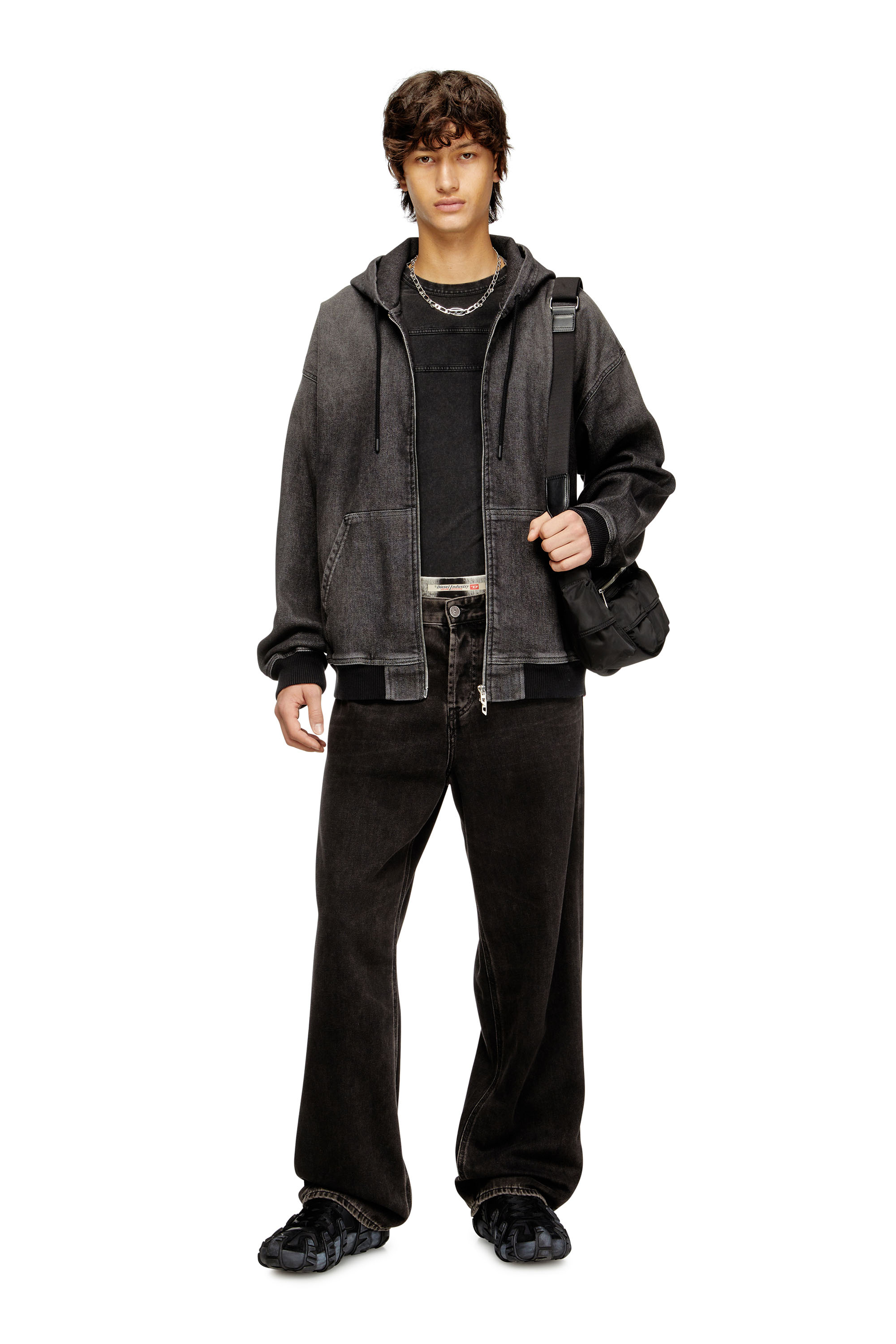 Diesel - D-GIRI-S TRACK, Unisex's Zipped hoodie in dirt-effect Track Denim in Black - 1