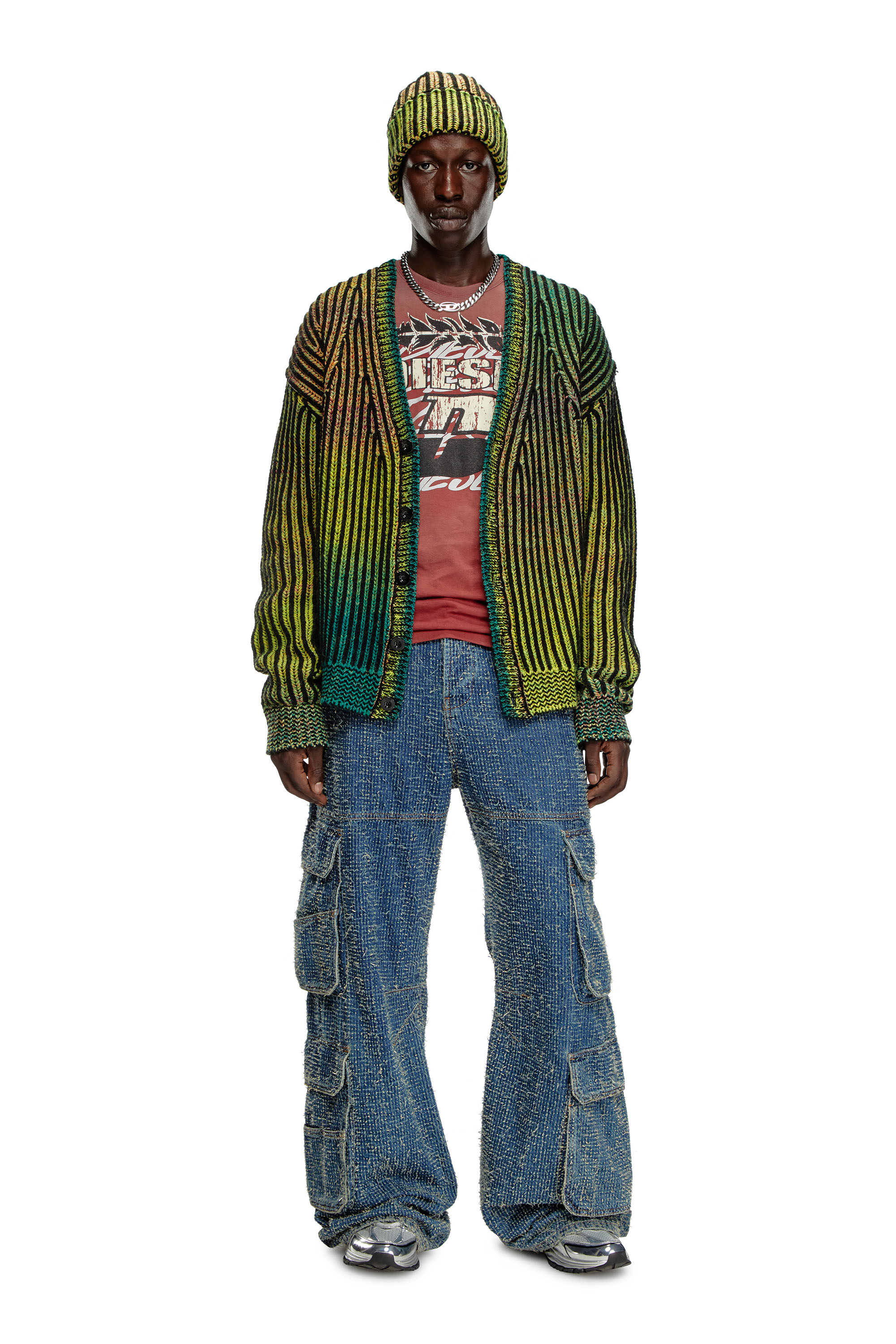 Diesel - K-OAKLAND-CR, Man Striped ribbed cardigan in wool blend in Green - Image 2