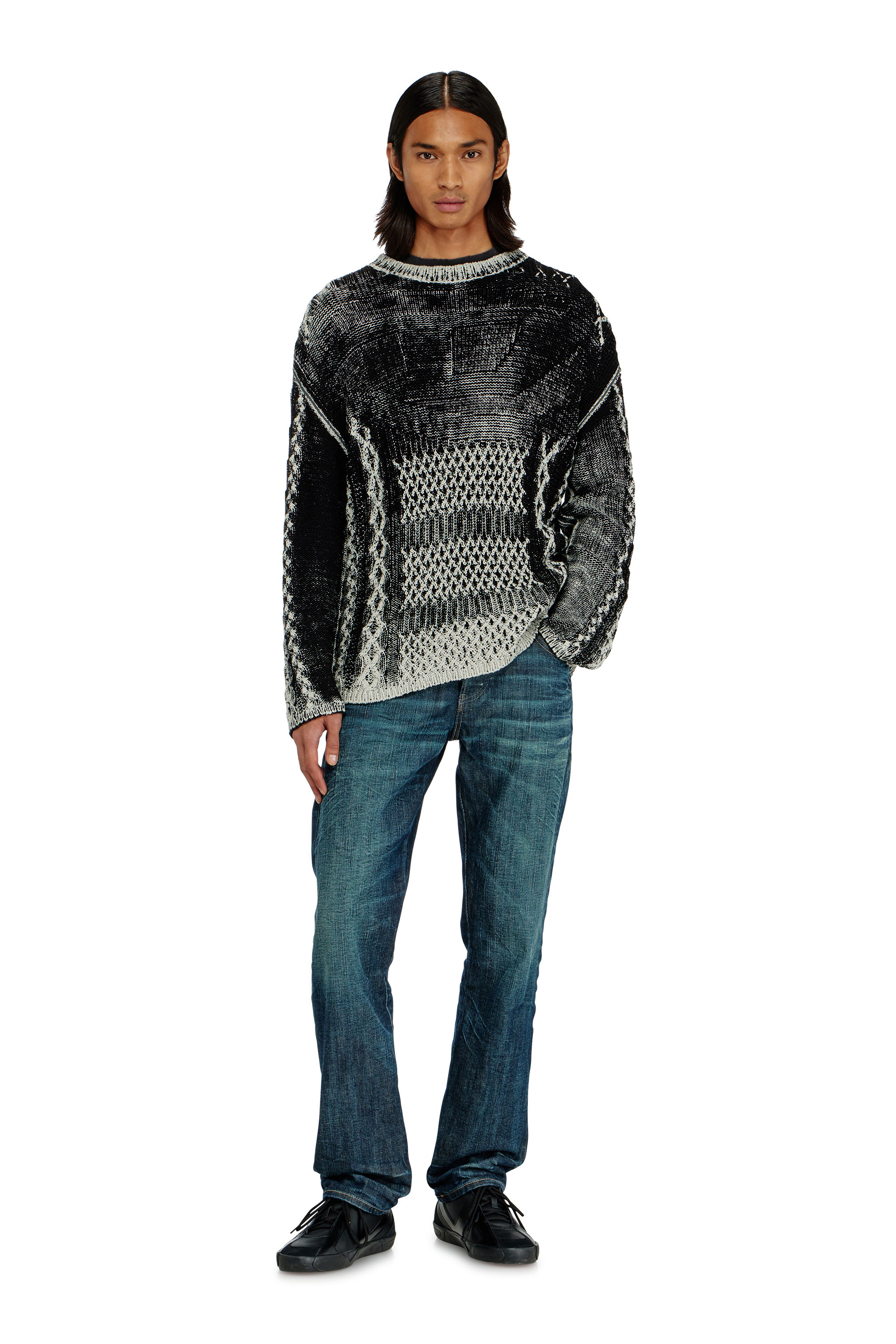 Diesel - K-MIONE, Man's Treated cable-knit jumper in Grey/Black - 1