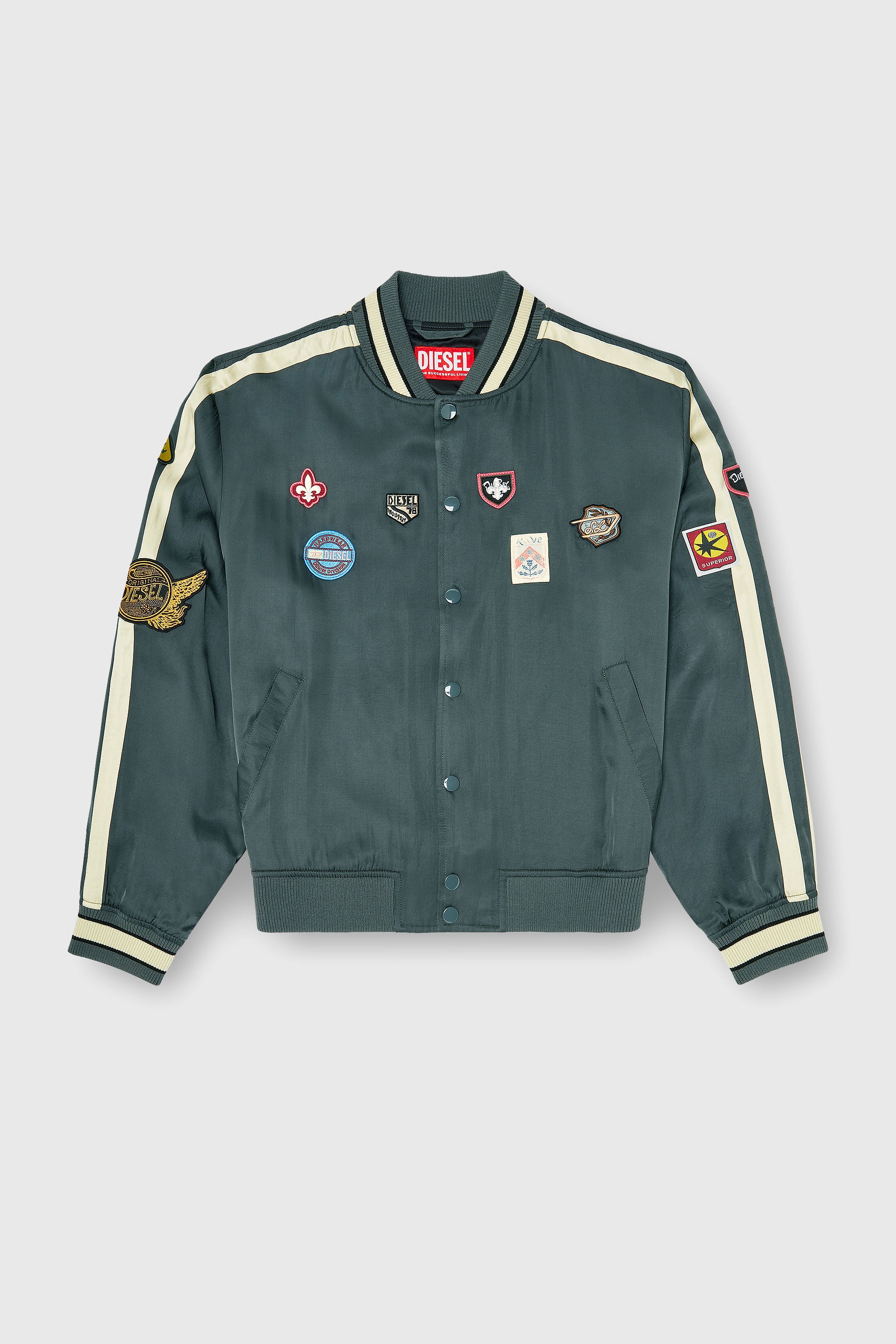 Diesel - J-ANNU, Man's Satin bomber jacket with patches in Dark Green - 2