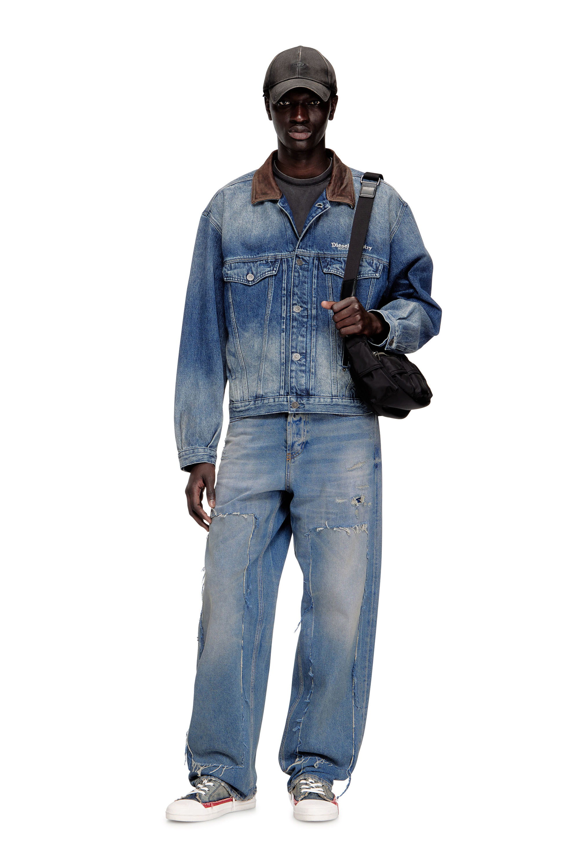 Diesel - D-DENVER-S1, Unisex's Denim trucker jacket with contrast leather trims in Blue - 3