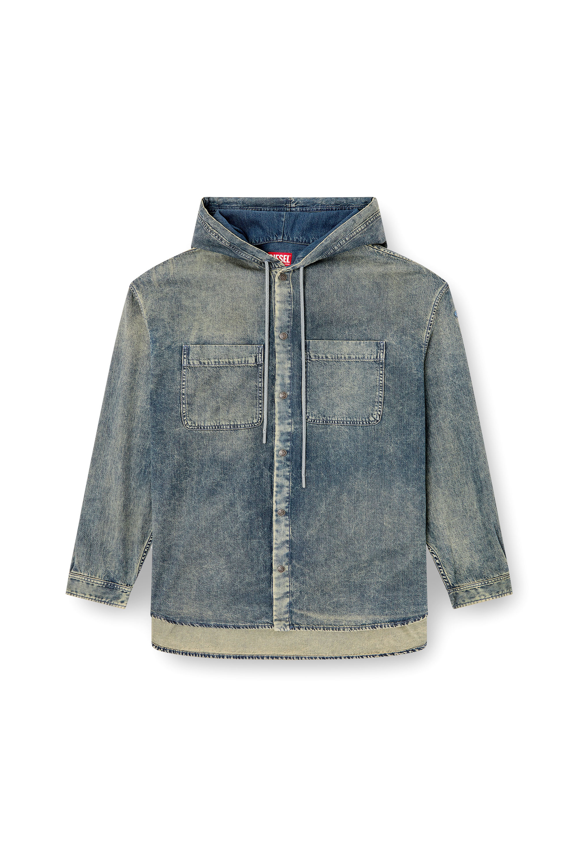 Diesel - D-DEWNY-HOOD-S2, Man's Overshirt in marbled coated denim in Medium blue - 3