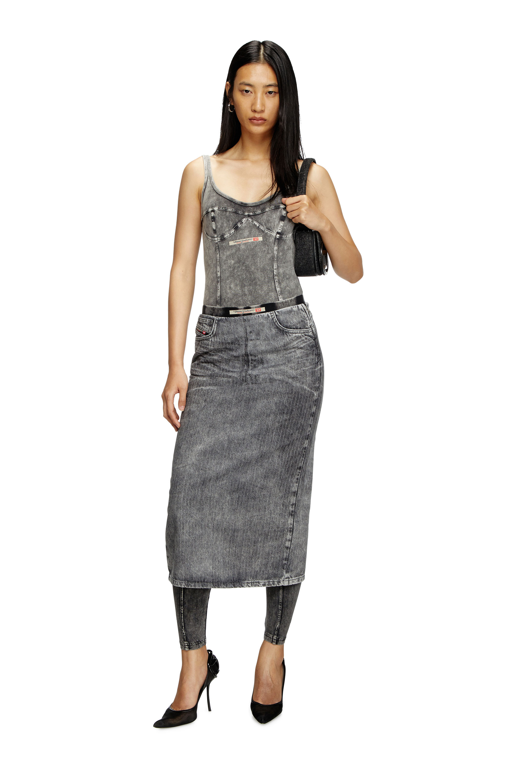 Diesel - DE-PRA-S4, Woman's Midi skirt in tailoring pinstripe denim in Light Grey - 1