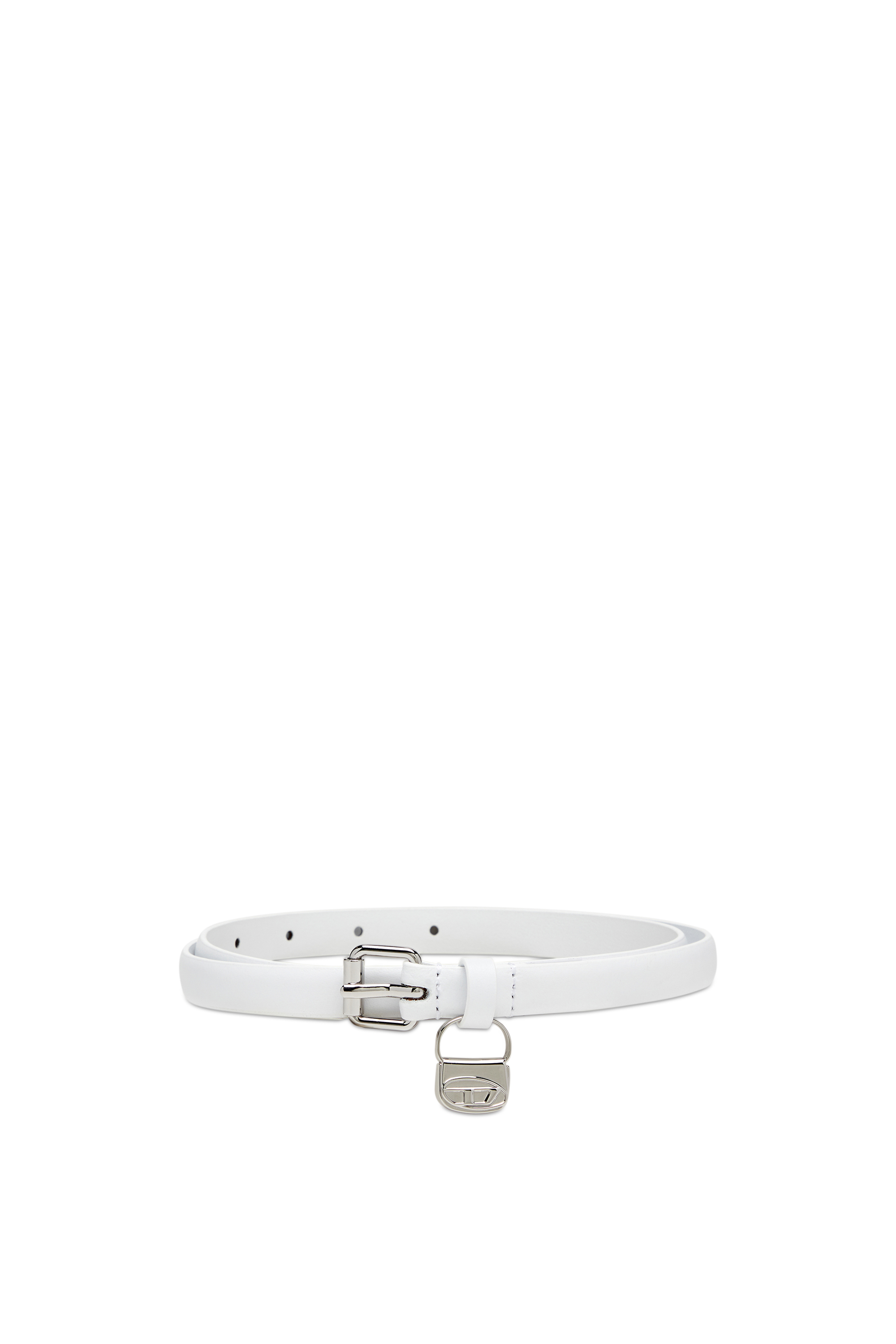Diesel - B-CHARM HIP, Woman's 1.4cm slim leather belt with 1DR bag charm in White - 1