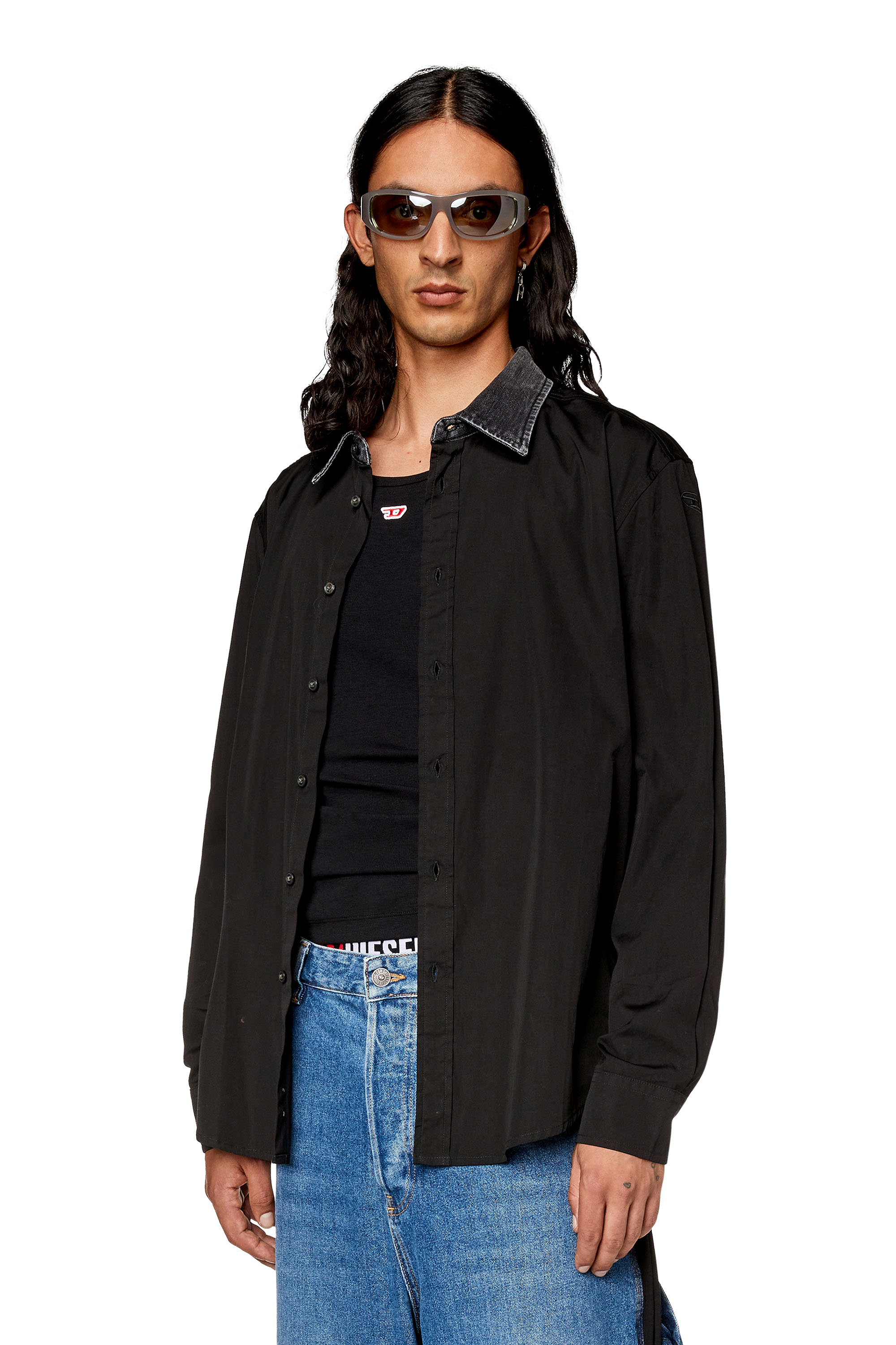 Diesel - S-HOLLS, Man Cotton shirt with denim collar in Black - Image 1