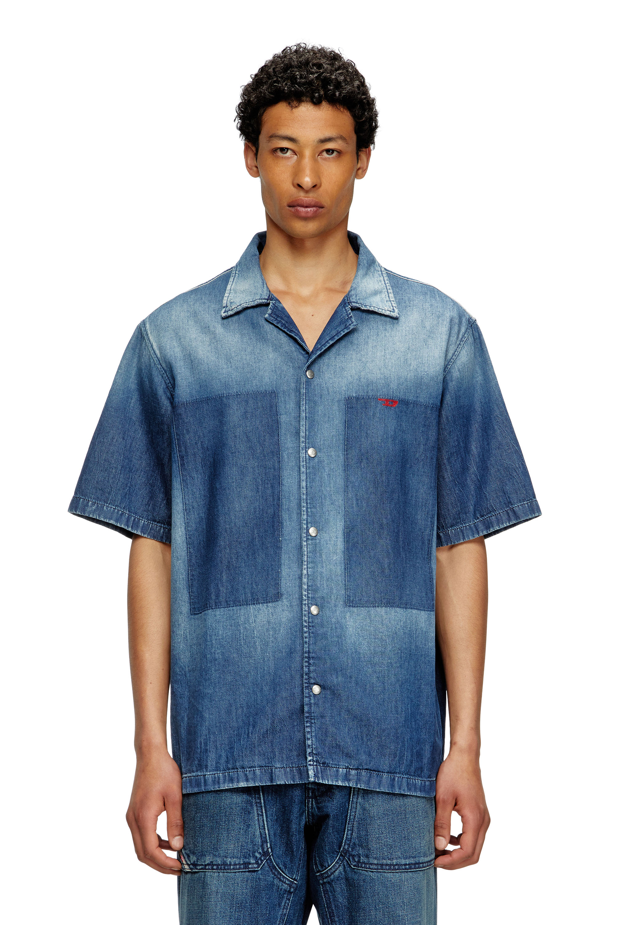 Diesel - D-NABIL-D, Man's Bowling shirt in contrast-effect denim in Medium blue - 3