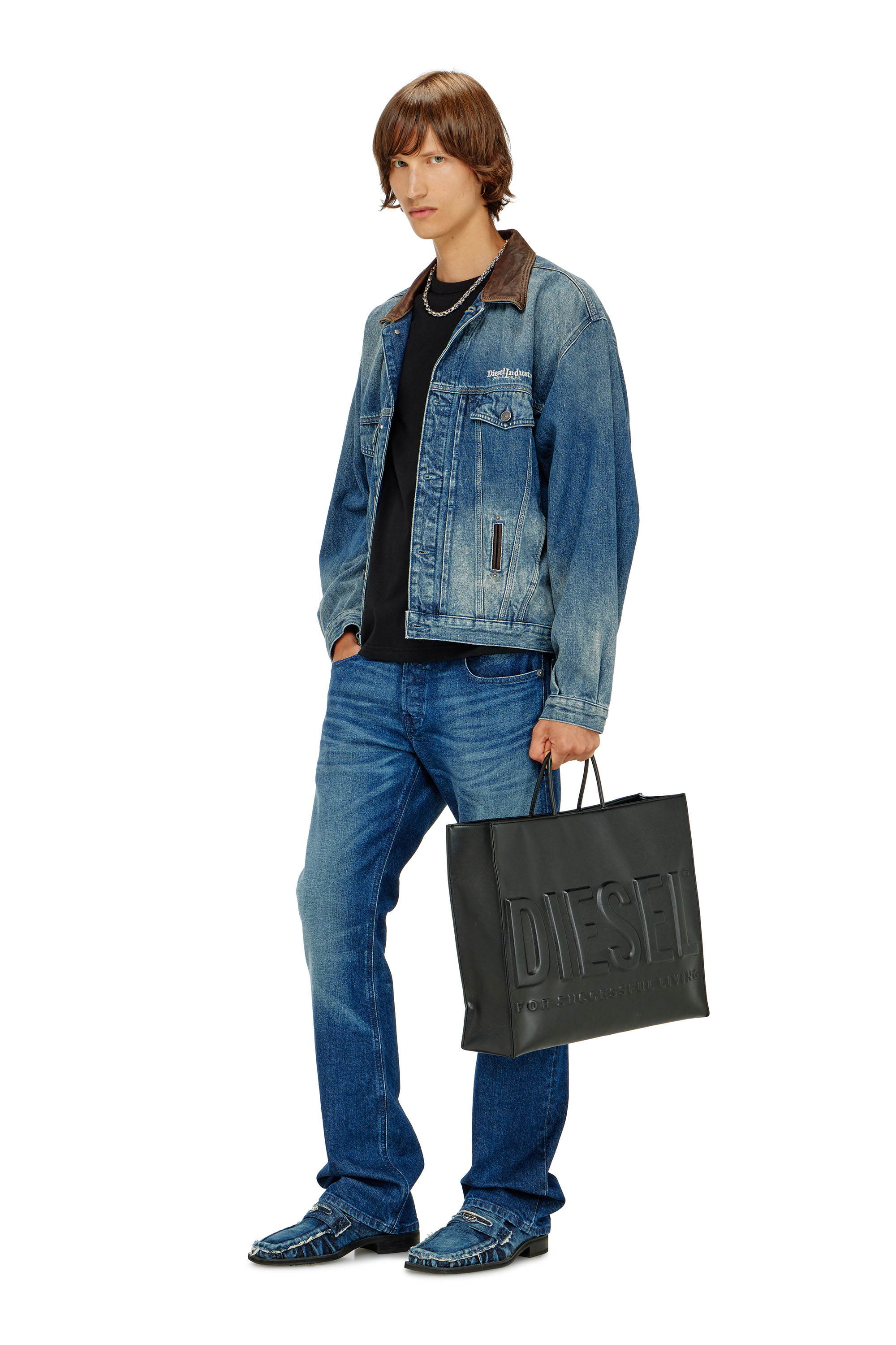 Diesel - D-DENVER-S1, Unisex's Denim trucker jacket with contrast leather trims in Blue - 2