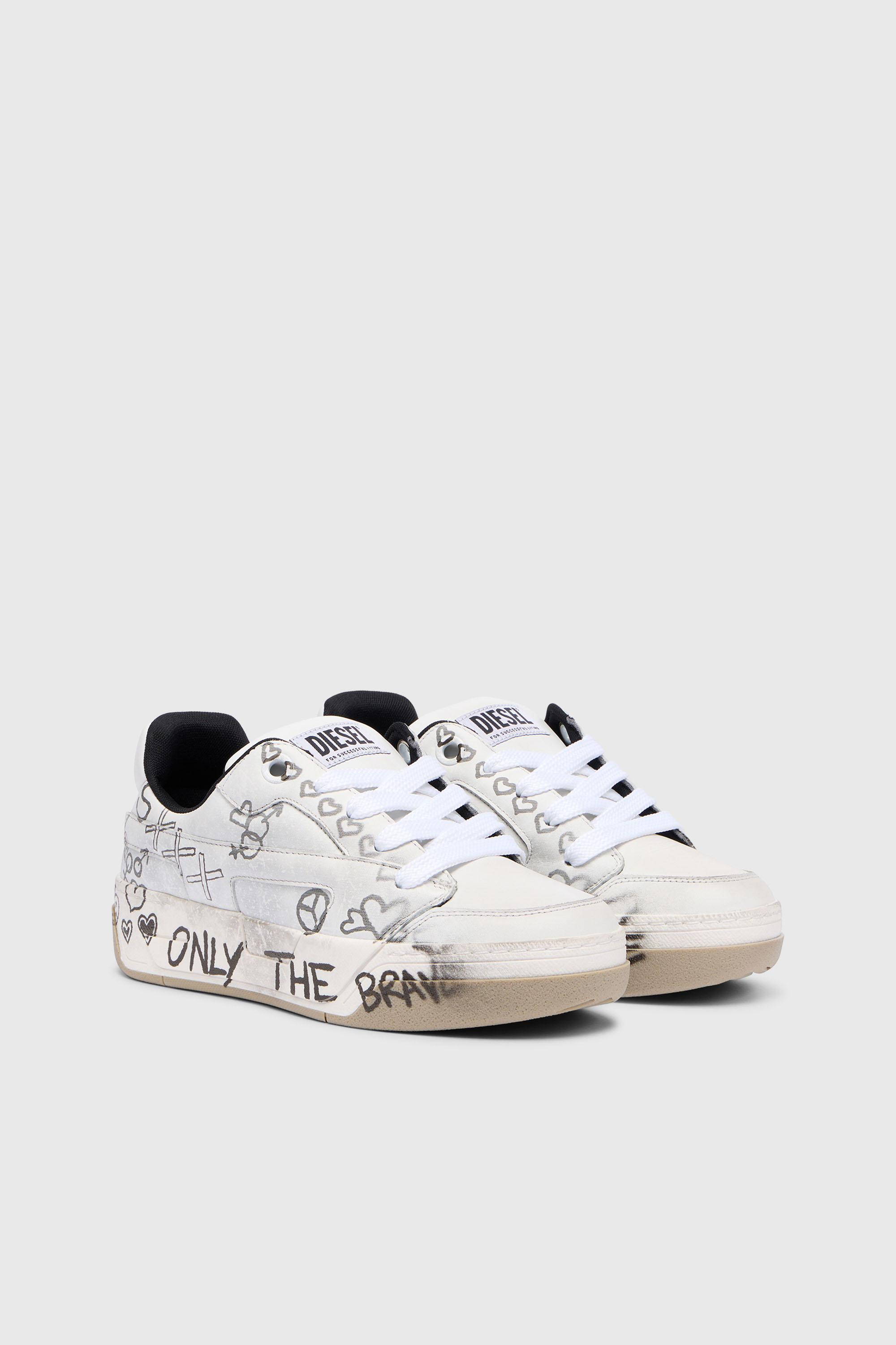 Diesel - S-D-OLLIE LOW W, Woman's D-Ollie-Leather sneakers with graffiti print in White/Brown - 2