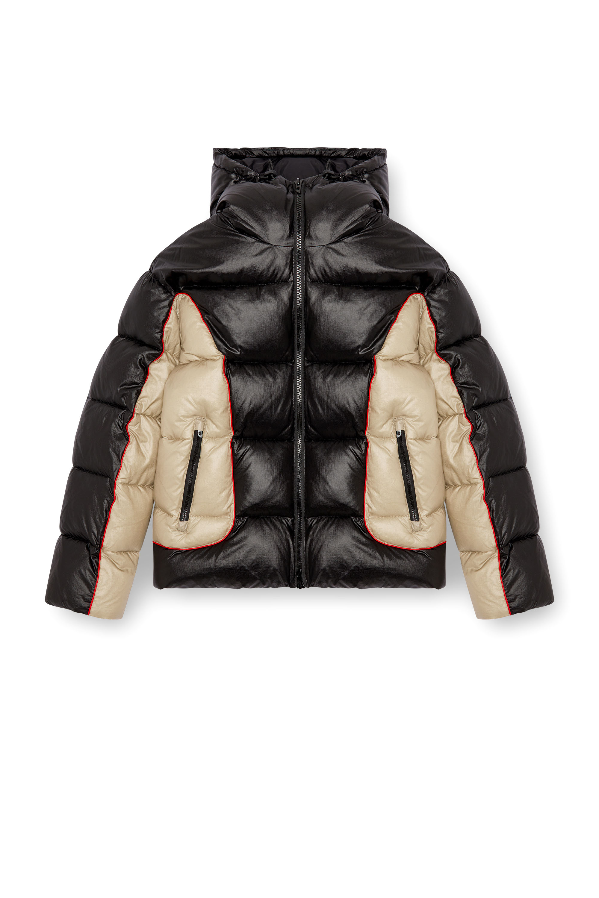 Diesel - W-OSTEND, Man's Hooded puffer jacket in shiny ripstop in Black/Beige - 2