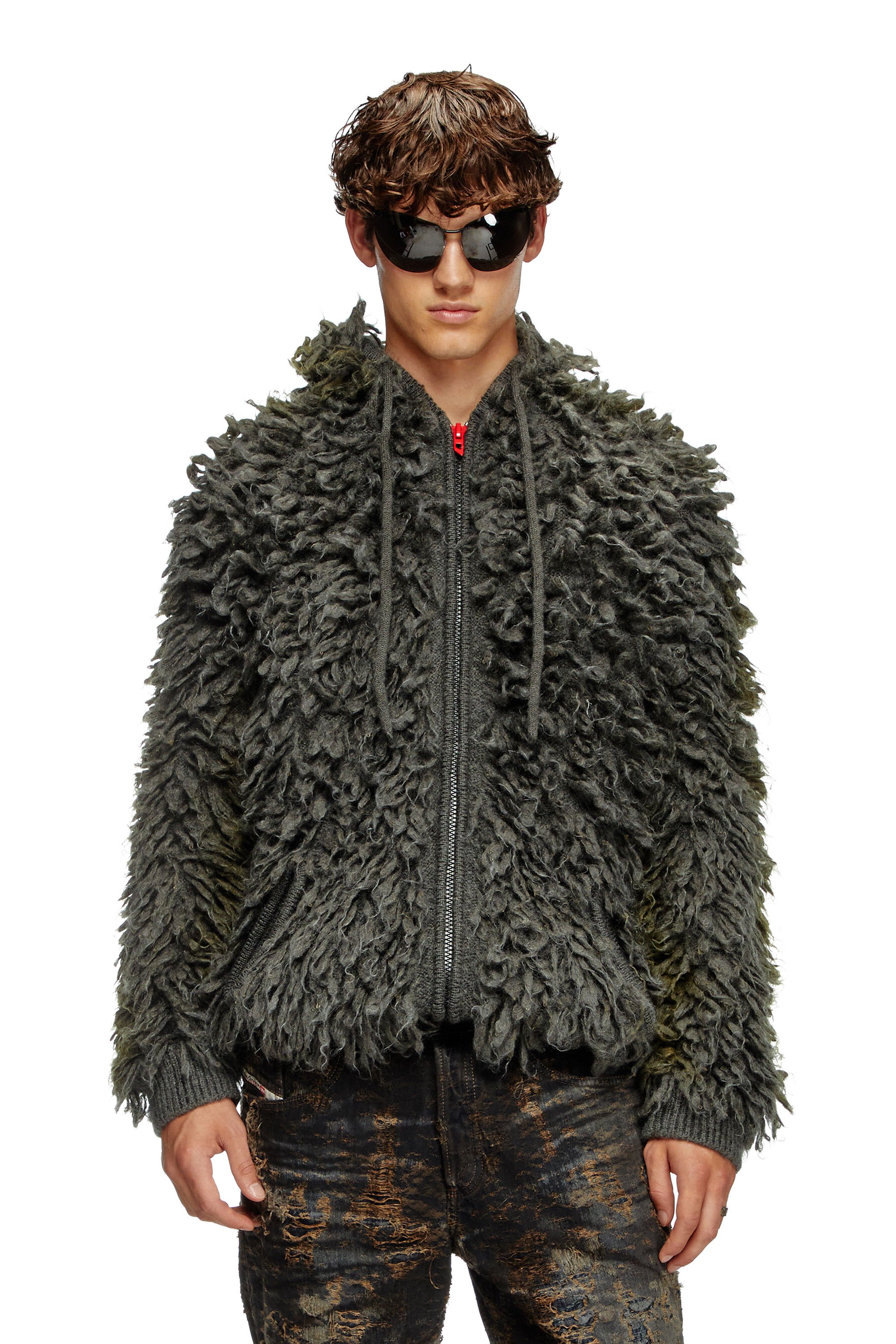 Diesel - K-WHITMAN, Man's Hooded cardigan in shaggy knit in Dark grey - 1