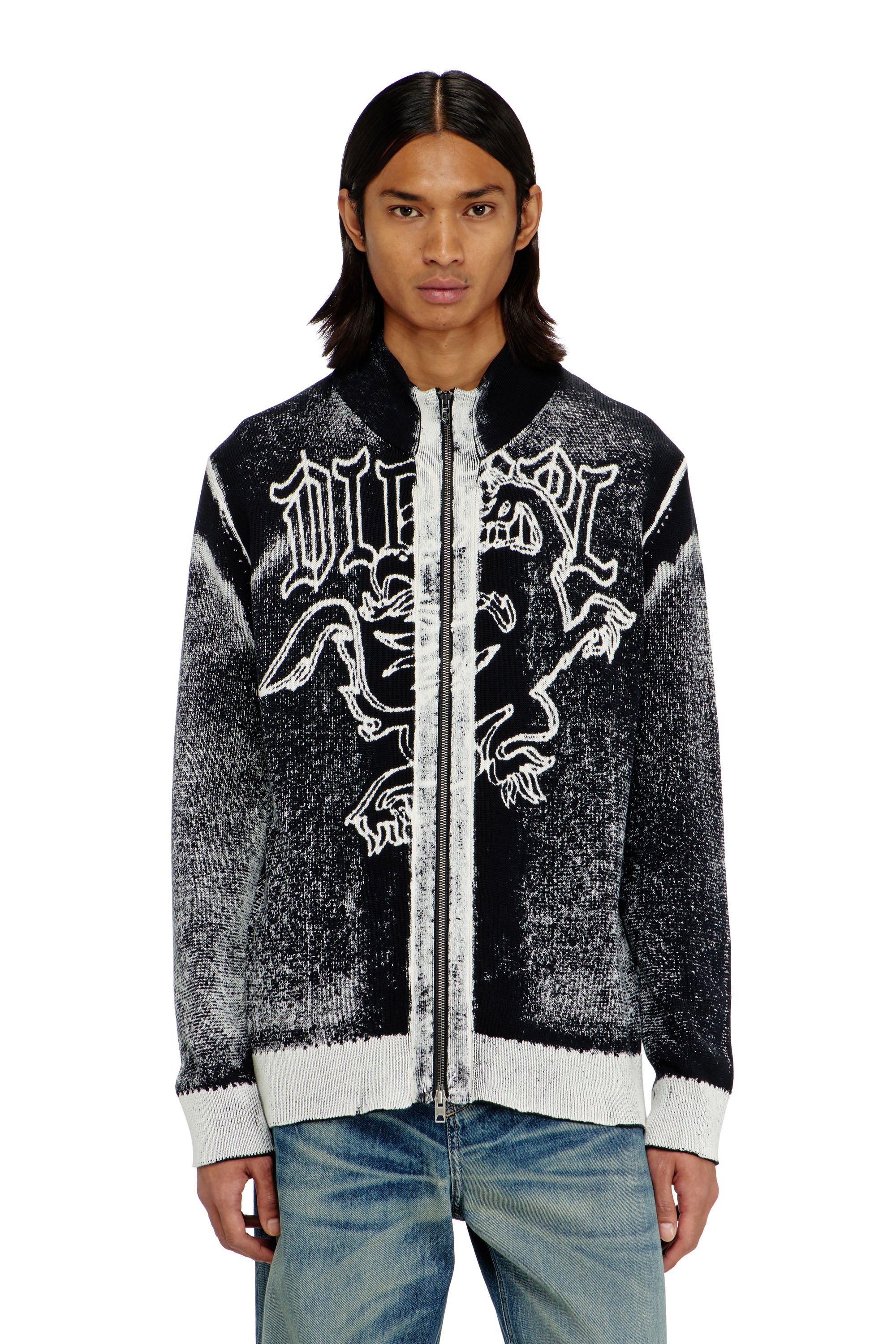 Diesel - K-LAUROS, Man's Treated zip cardigan with griffin motif in Black/White - 1
