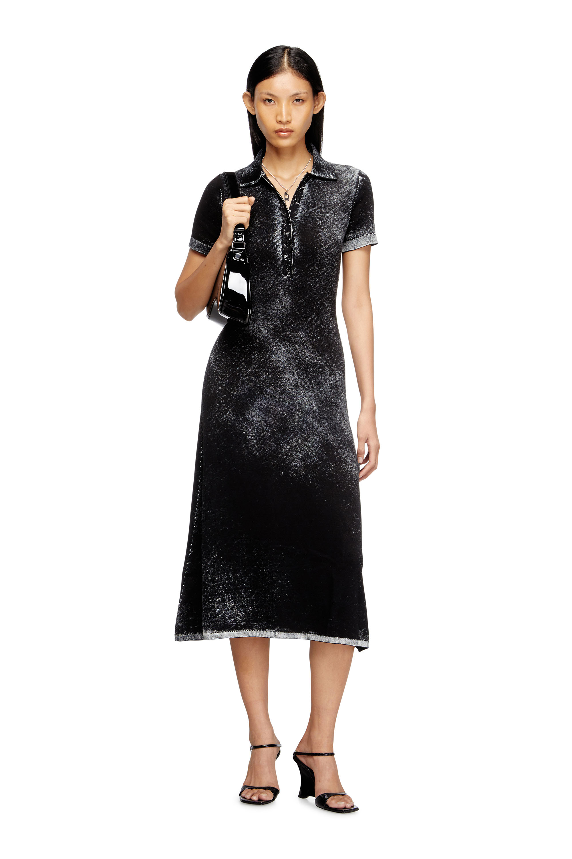 Diesel - M-LOURENS, Woman's Midi polo dress in reverse-printed knit in Black - 1