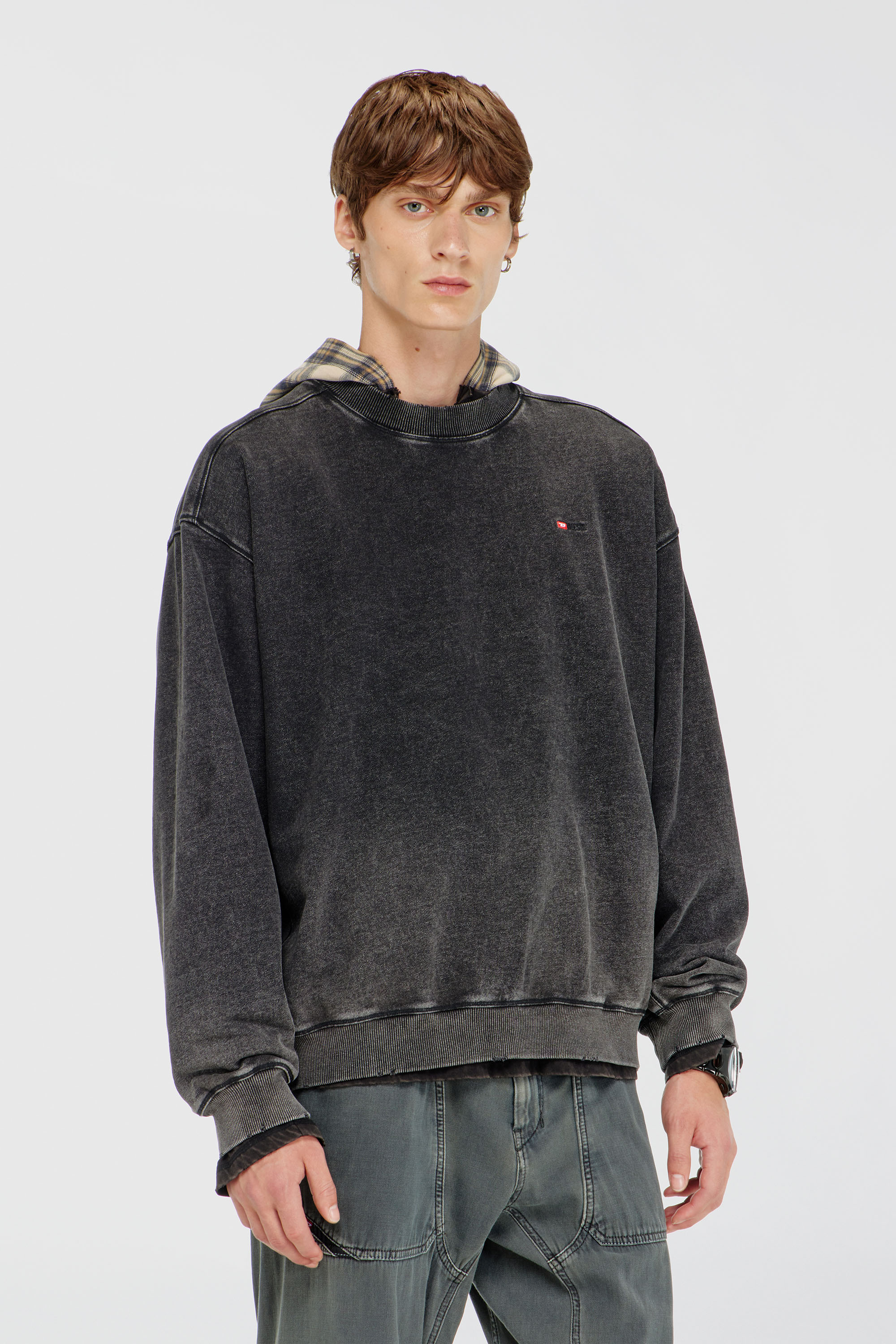 Diesel - S-CROX, Man's Cotton sweatshirt with faded effect in Dark grey - 1
