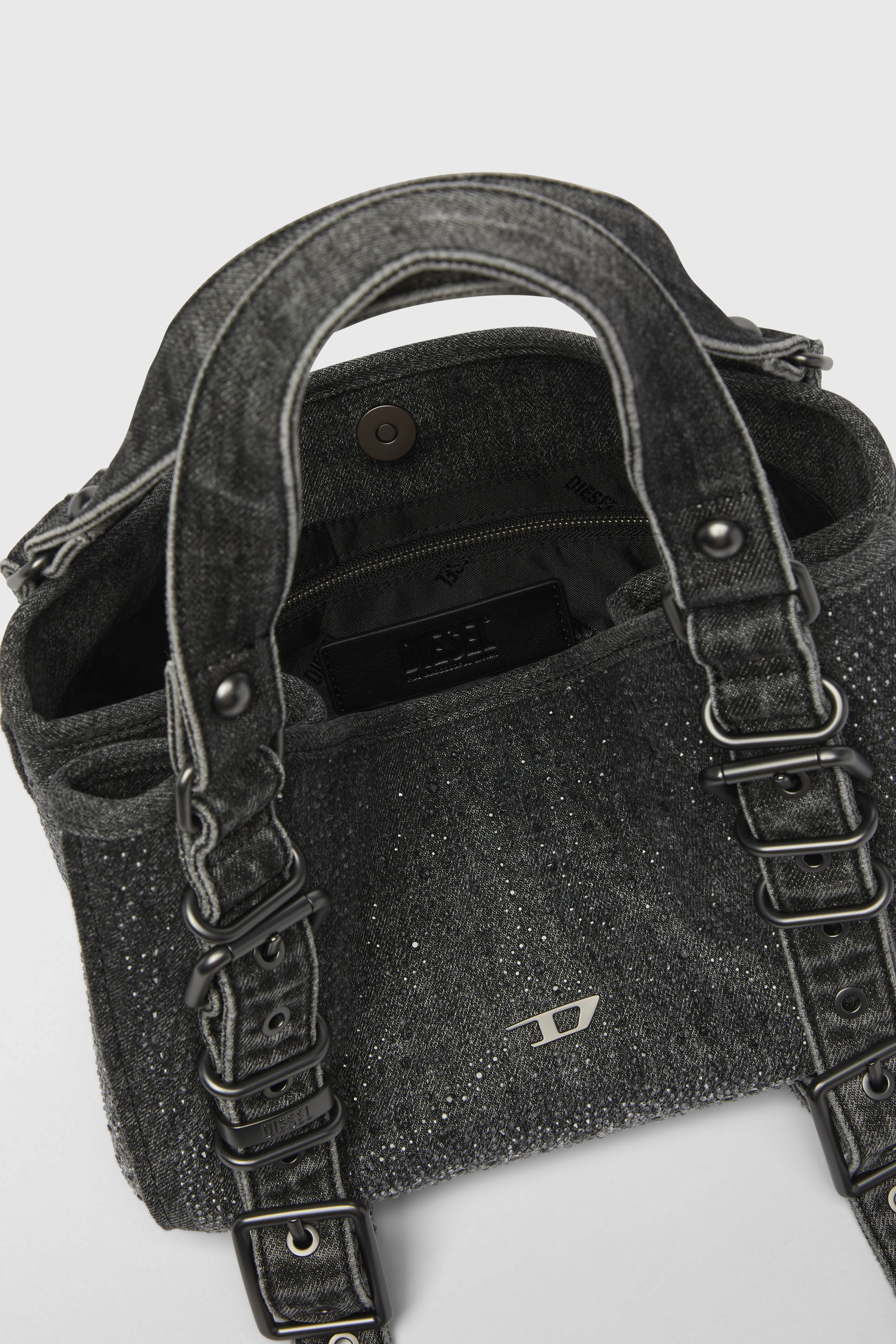 Diesel - D-ONE TOPHANDLE S, Woman's D-One-Small top-handle bag in crystal solarised denim in Black - 6