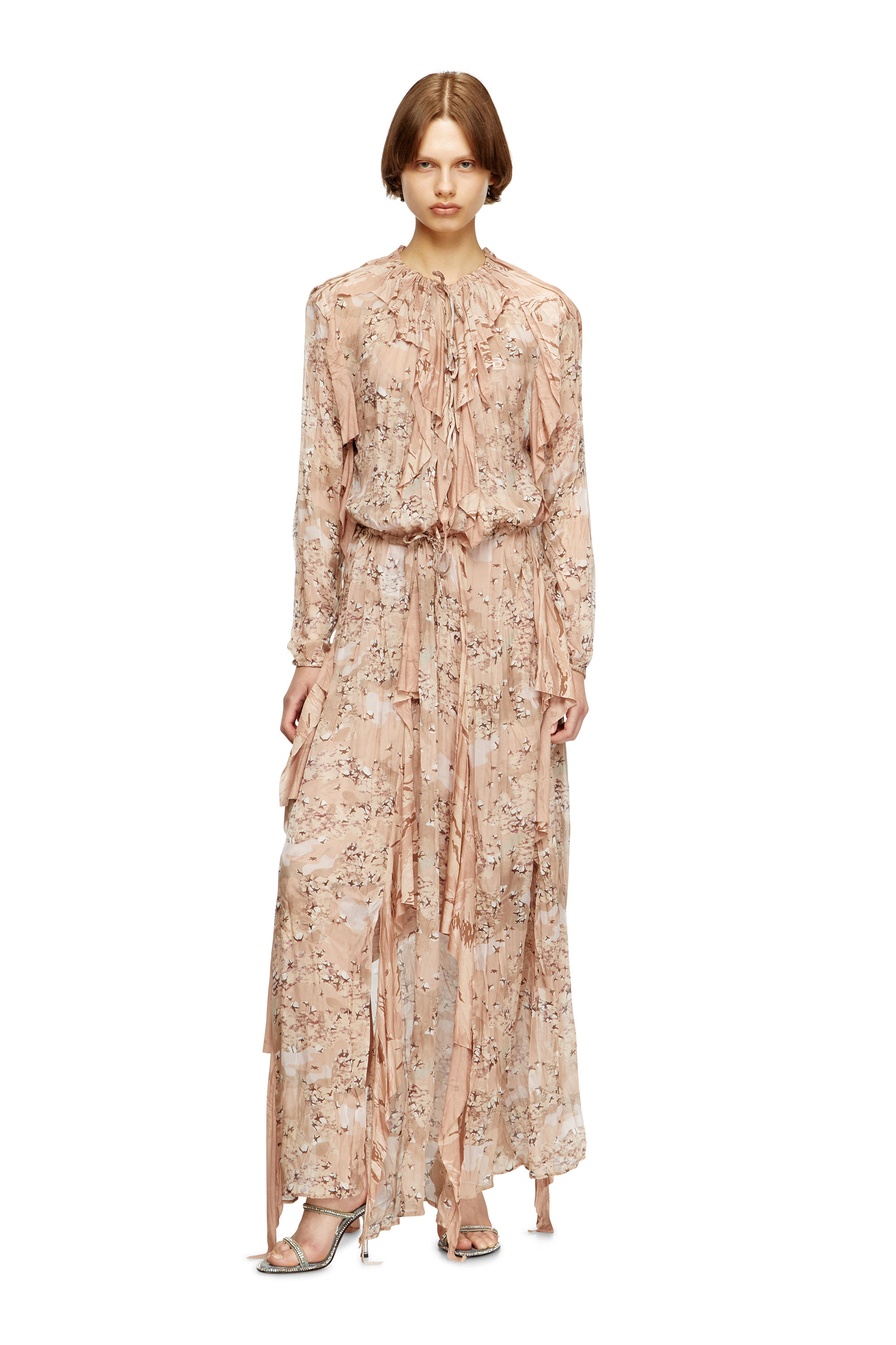 D-AZZLING-R1, Face Powder Diesel - D-AZZLING-R1, Woman's Ruffled maxi dress in camo chiffon in Face Powder - 3