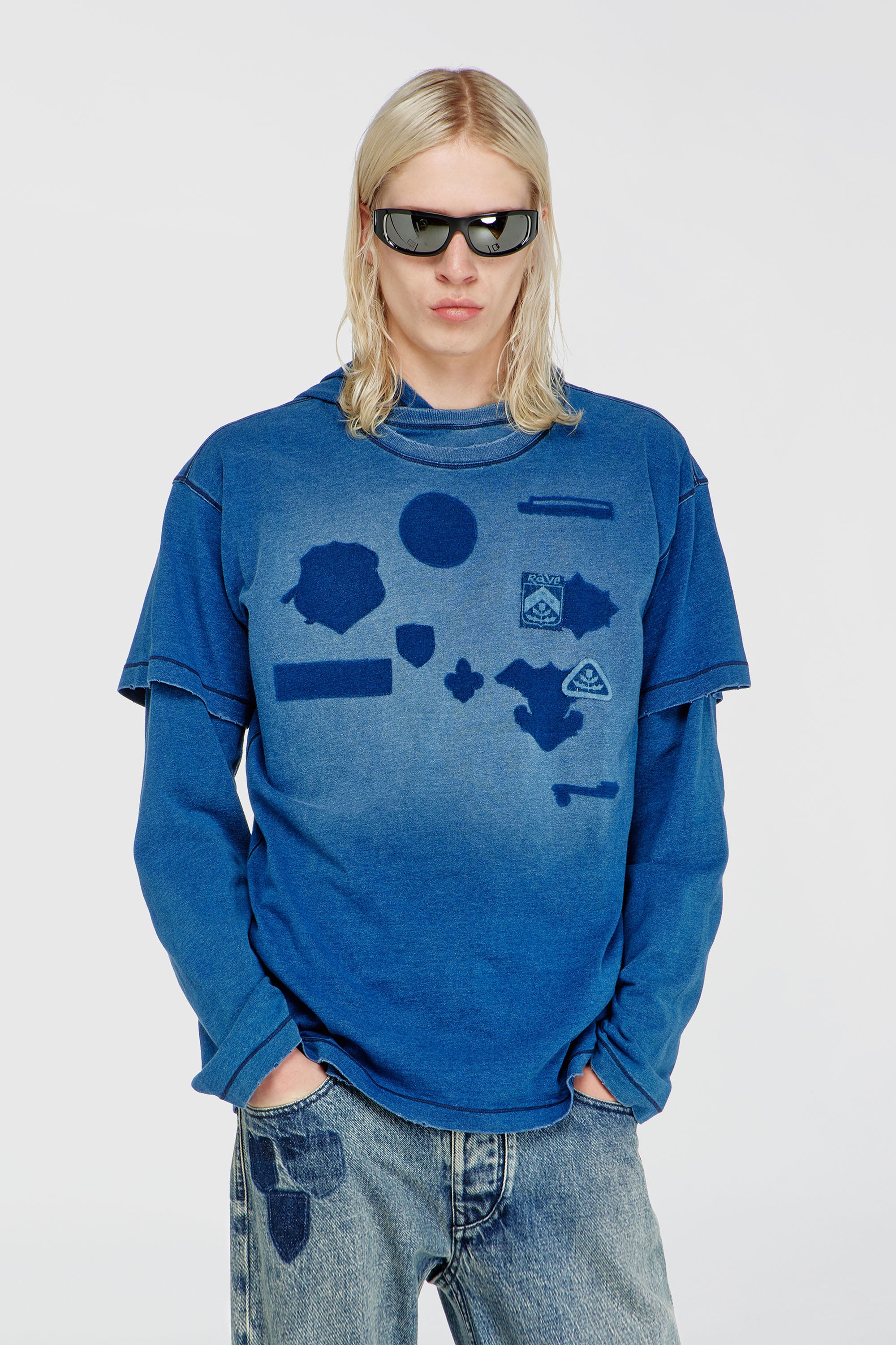 Diesel - T-NOX, Man's T-shirt with shadow-effect patches in Medium blue - 1